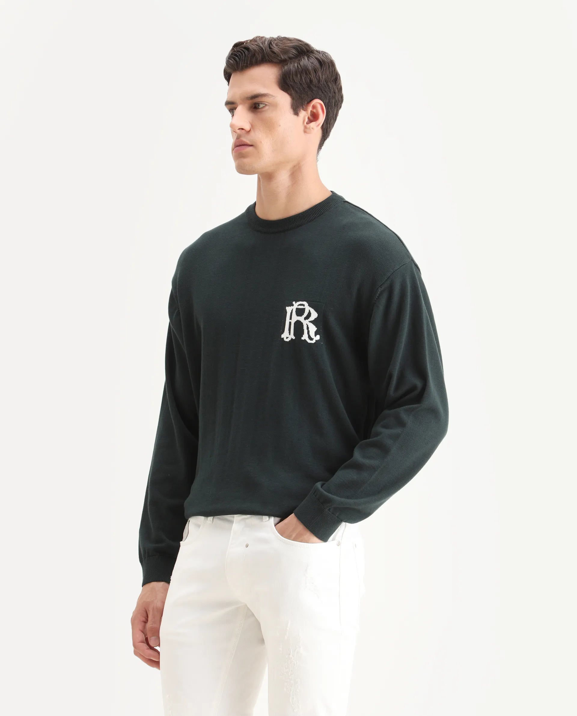 Rare Rabbit Men's Varo Dark Green Cotton Embroidered Regular Fit Full Sleeve Crew Neck Sweater