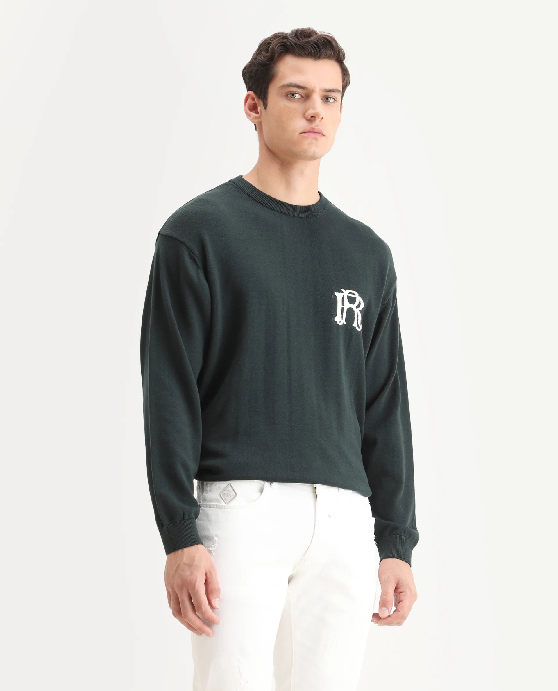 Rare Rabbit Men's Varo Dark Green Cotton Embroidered Regular Fit Full Sleeve Crew Neck Sweater