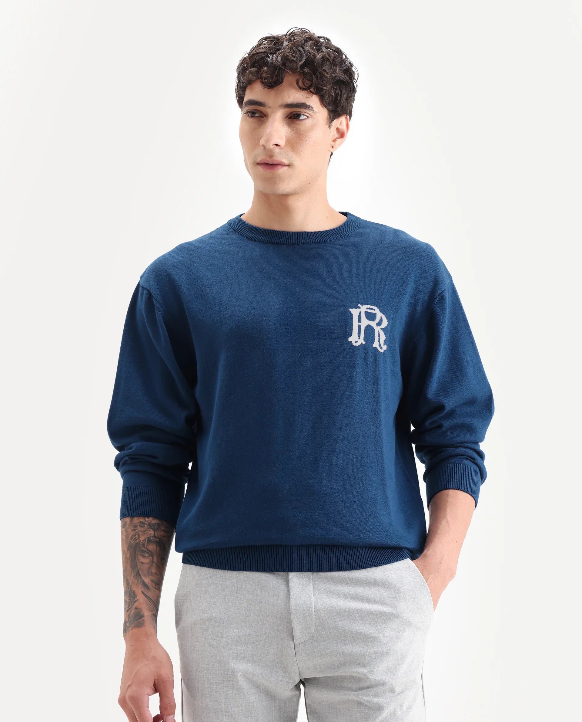 Rare Rabbit Men's Varo Dark Blue Cotton Embroidered Regular Fit Full Sleeve Crew Neck Sweater