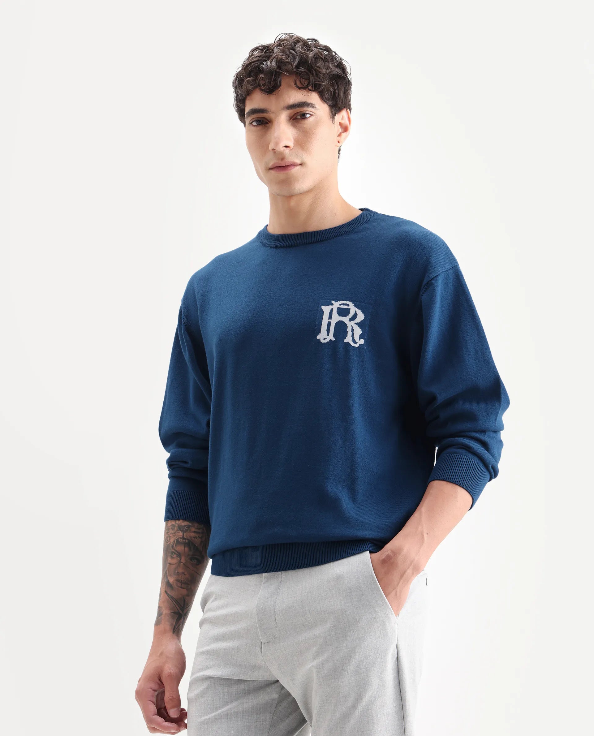 Rare Rabbit Men's Varo Dark Blue Cotton Embroidered Regular Fit Full Sleeve Crew Neck Sweater