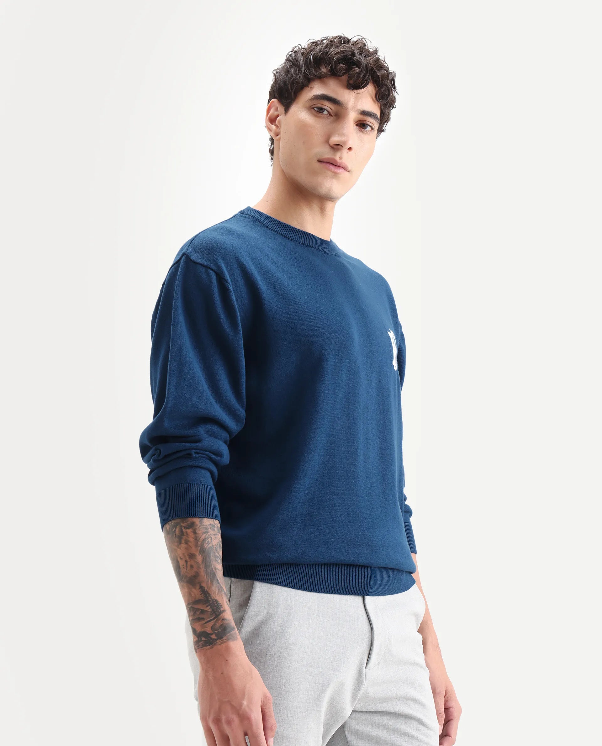 Rare Rabbit Men's Varo Dark Blue Cotton Embroidered Regular Fit Full Sleeve Crew Neck Sweater