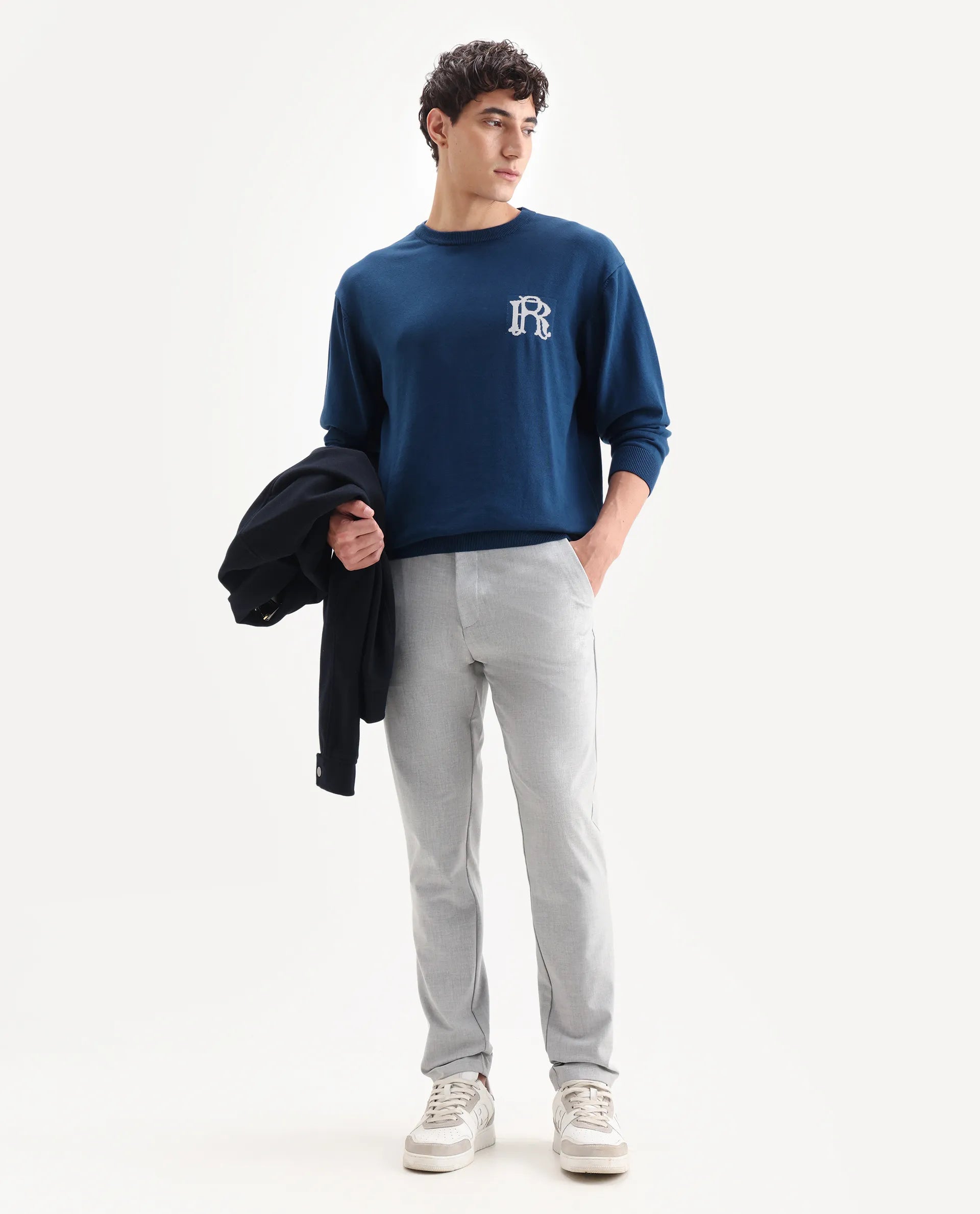 Rare Rabbit Men's Varo Dark Blue Cotton Embroidered Regular Fit Full Sleeve Crew Neck Sweater