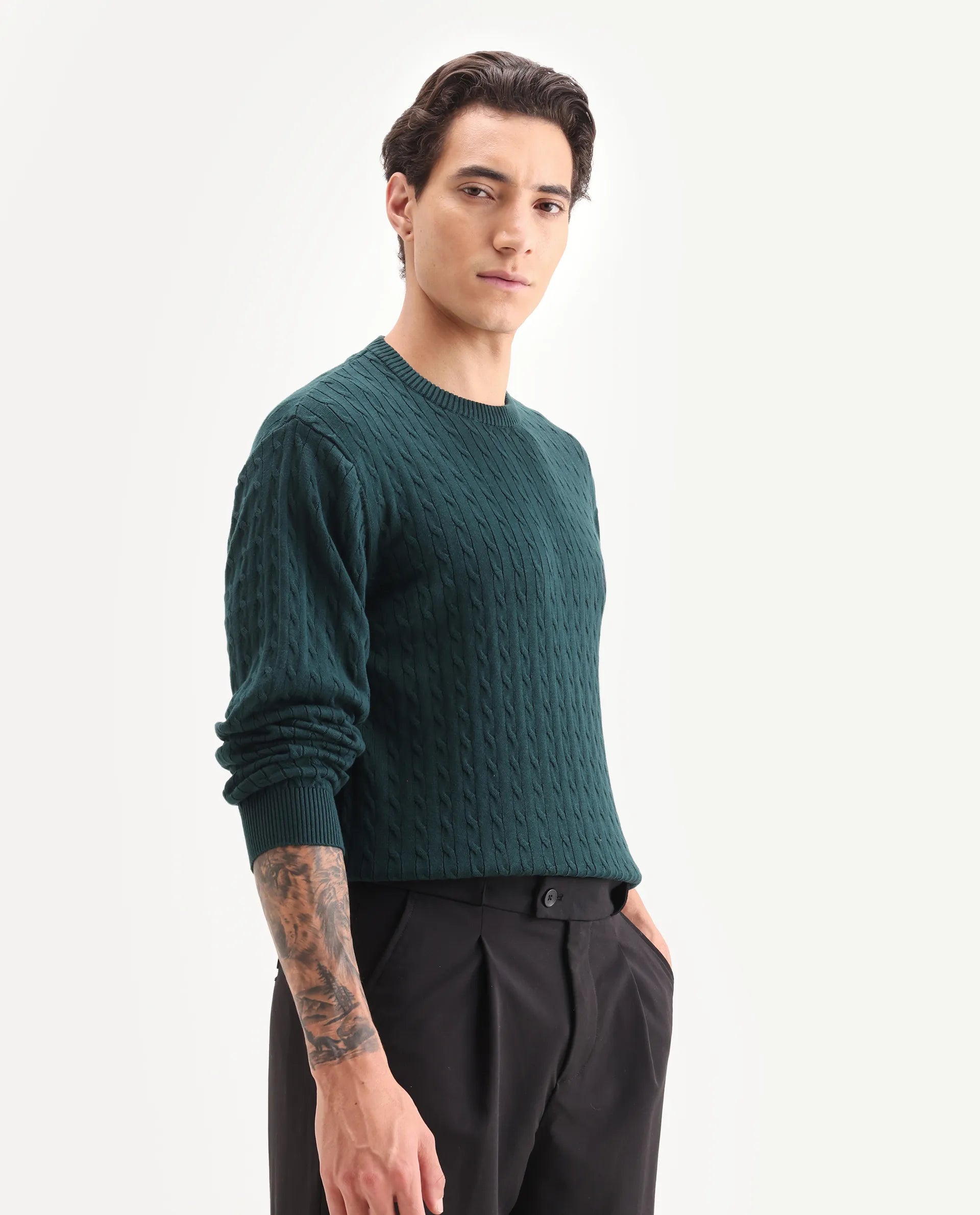 Rare Rabbit Men's Prota Dark Green Cotton Plain Regular Fit Full Sleeve Crew Neck Sweater