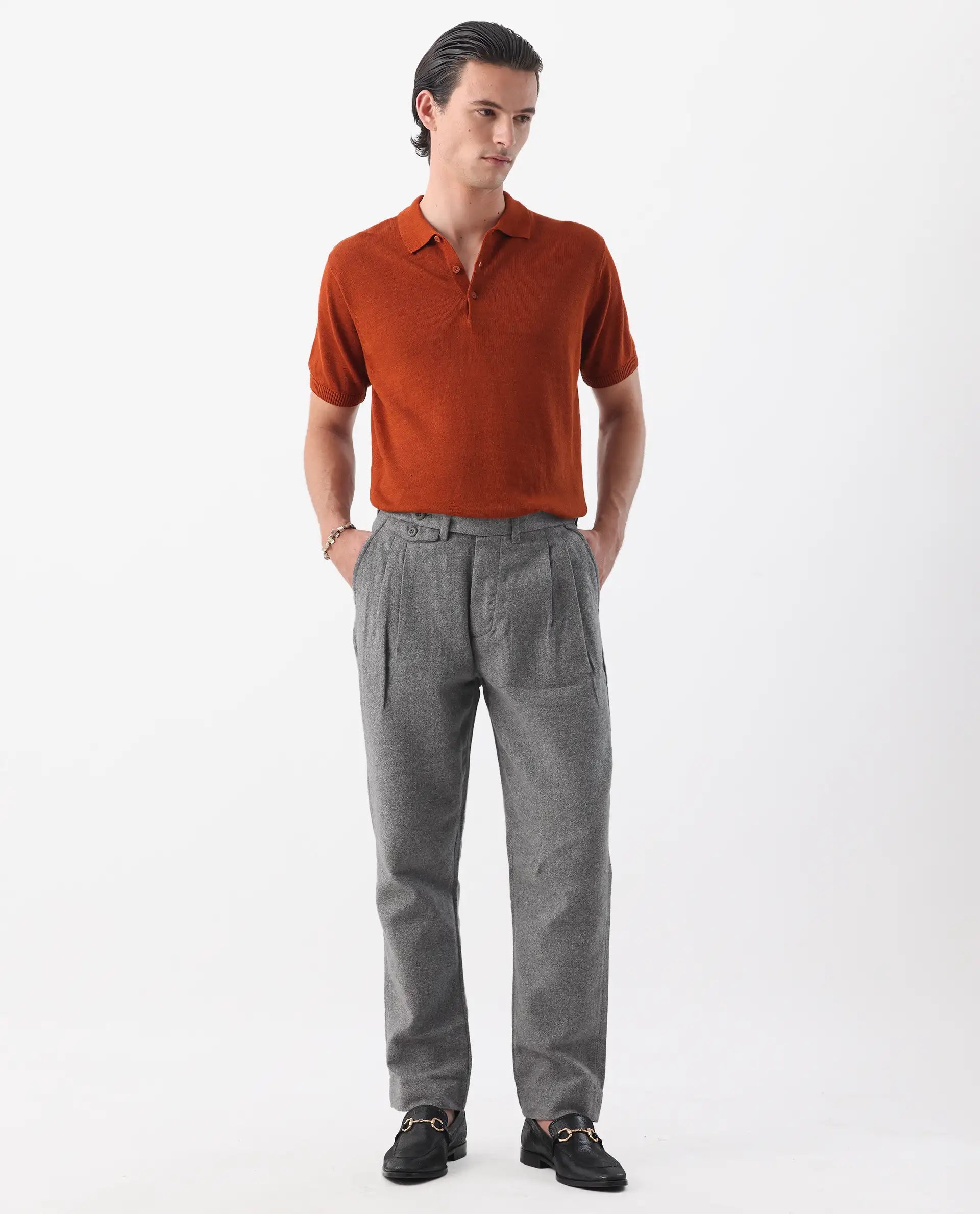 Rare Rabbit Men's Kaino Dark Grey 100% Linen Plain Regular Fit Trouser