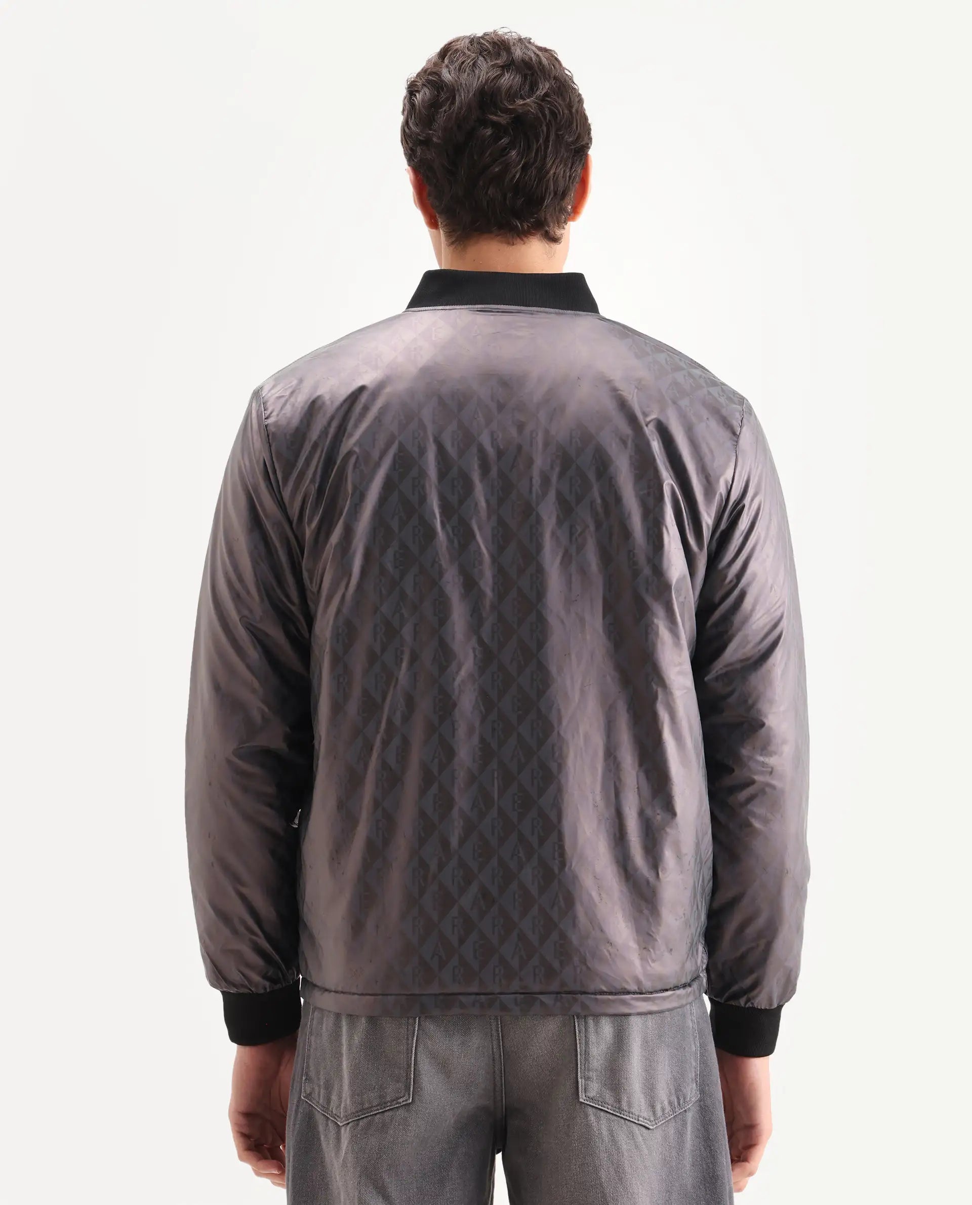 Rare Rabbit Men's Arteo Navy Polyester Printed Regular Fit Full Sleeve Ribbed Collar Jacket