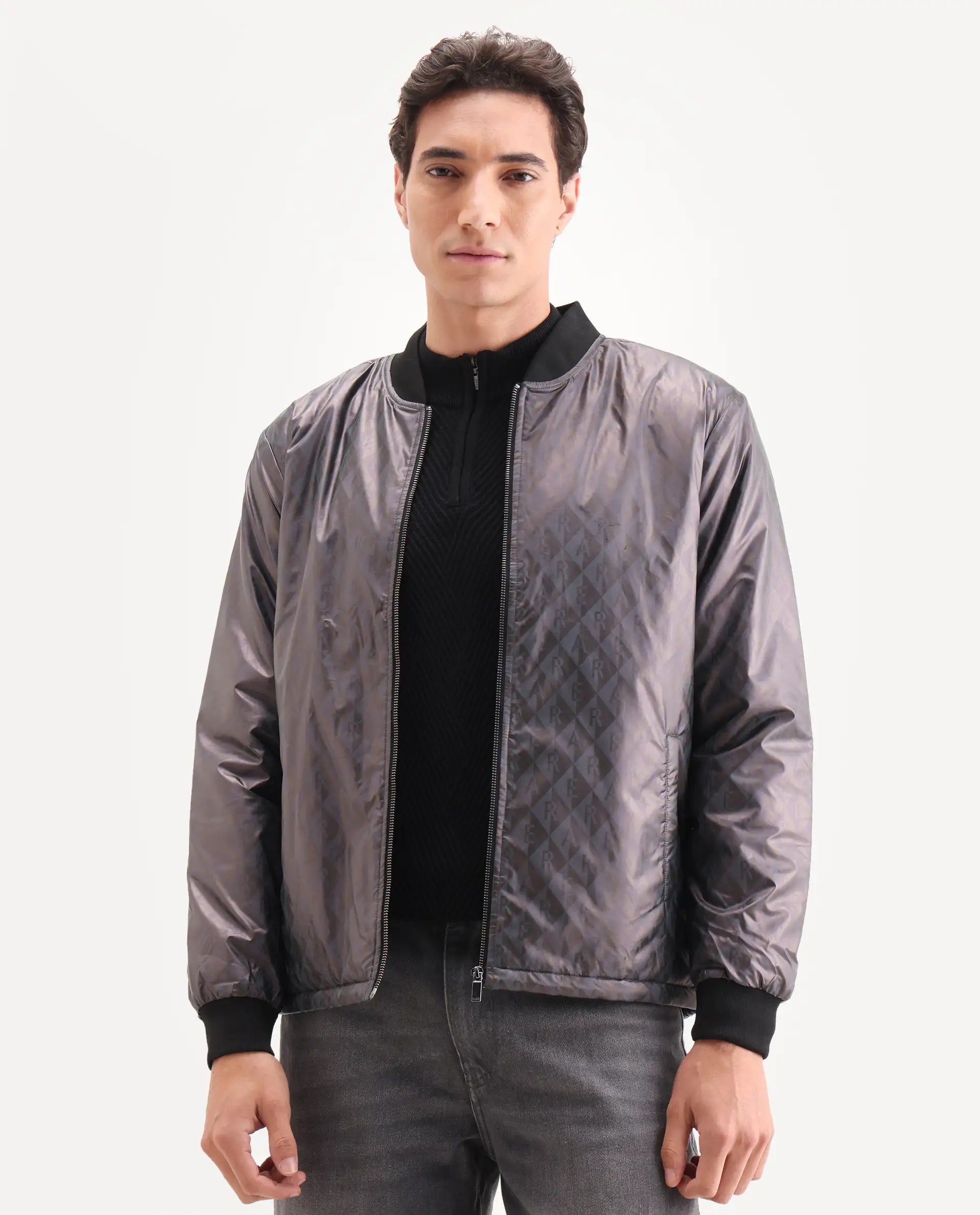 Rare Rabbit Men's Arteo Navy Polyester Printed Regular Fit Full Sleeve Ribbed Collar Jacket