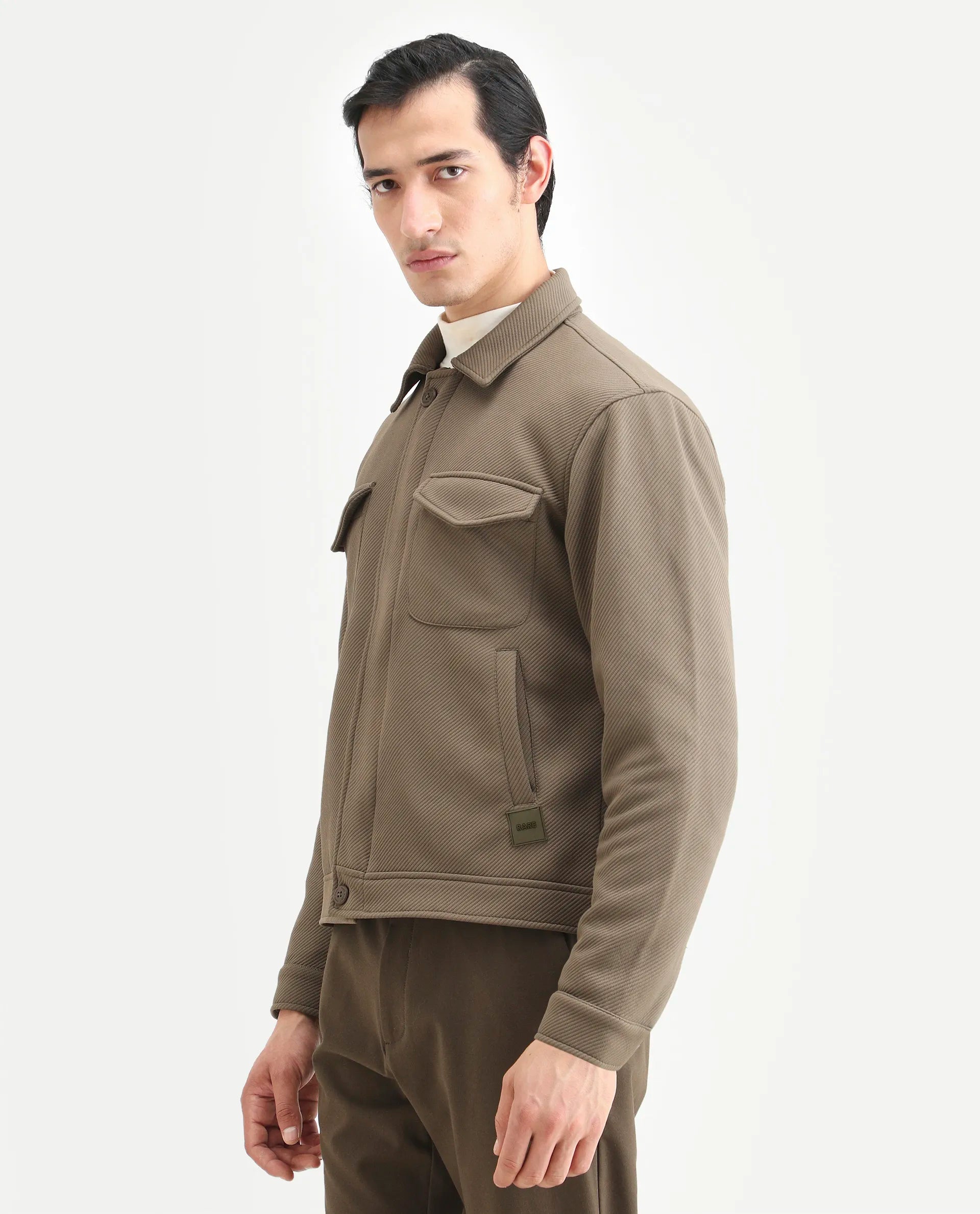 Rare Rabbit Men's Mapis Olive Polyester Plain Regular Fit Full Sleeve Curved Collar Jacket
