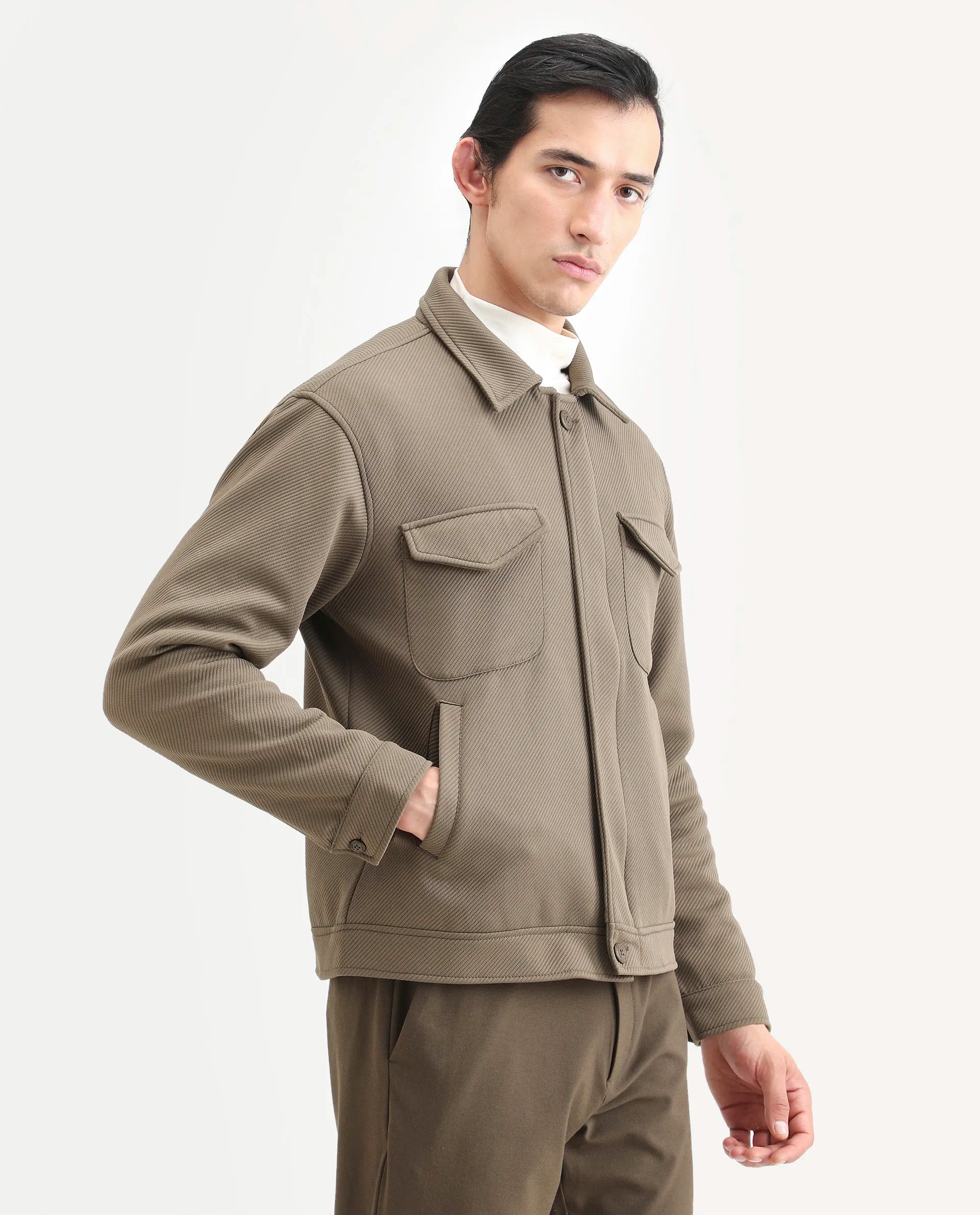 Rare Rabbit Men's Mapis Olive Polyester Plain Regular Fit Full Sleeve Curved Collar Jacket