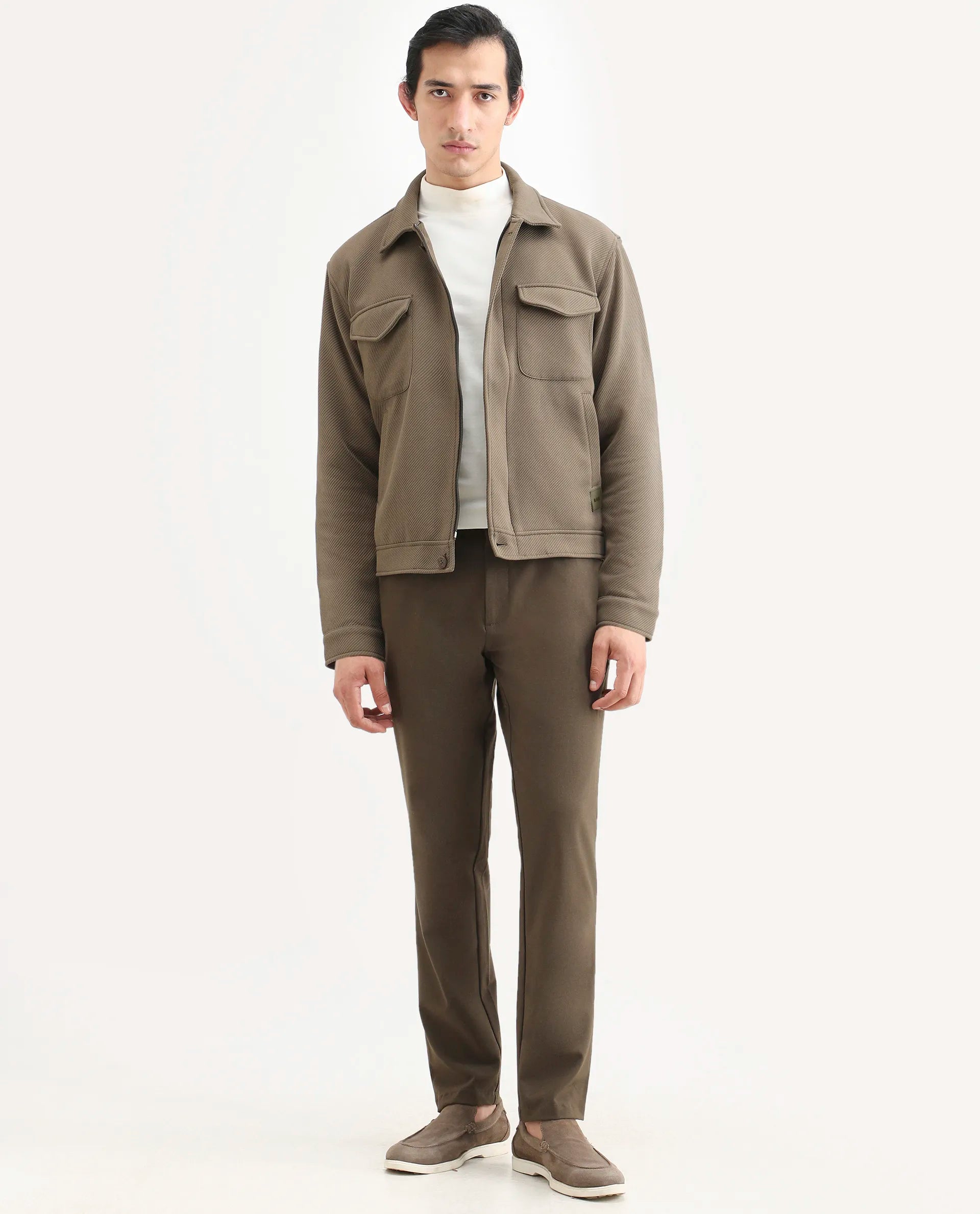 Rare Rabbit Men's Mapis Olive Polyester Plain Regular Fit Full Sleeve Curved Collar Jacket