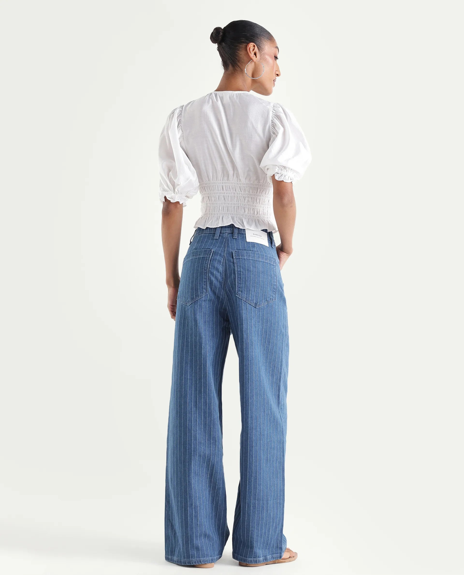 Rareism Women's Minik Blue Cotton Blend Striped Ankle Length Wide Jeans