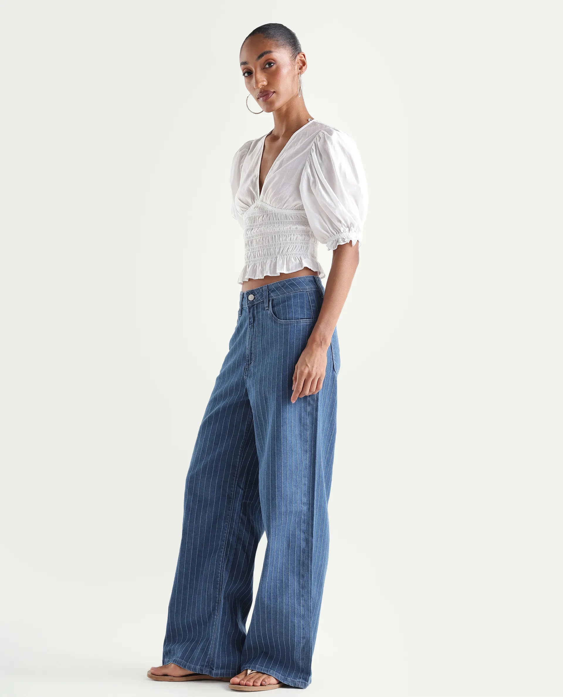 Rareism Women's Minik Blue Cotton Blend Striped Ankle Length Wide Jeans