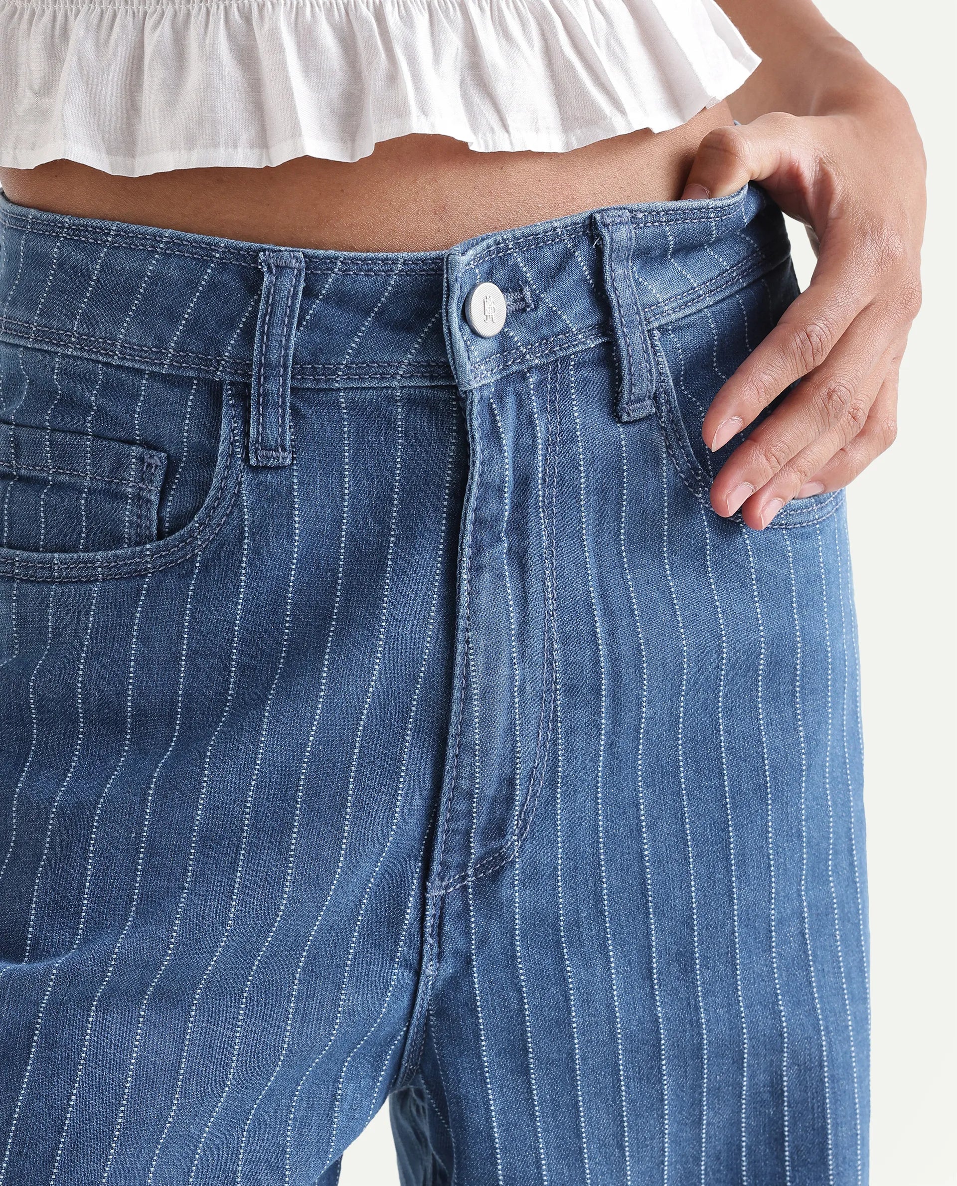 Rareism Women's Minik Blue Cotton Blend Striped Ankle Length Wide Jeans