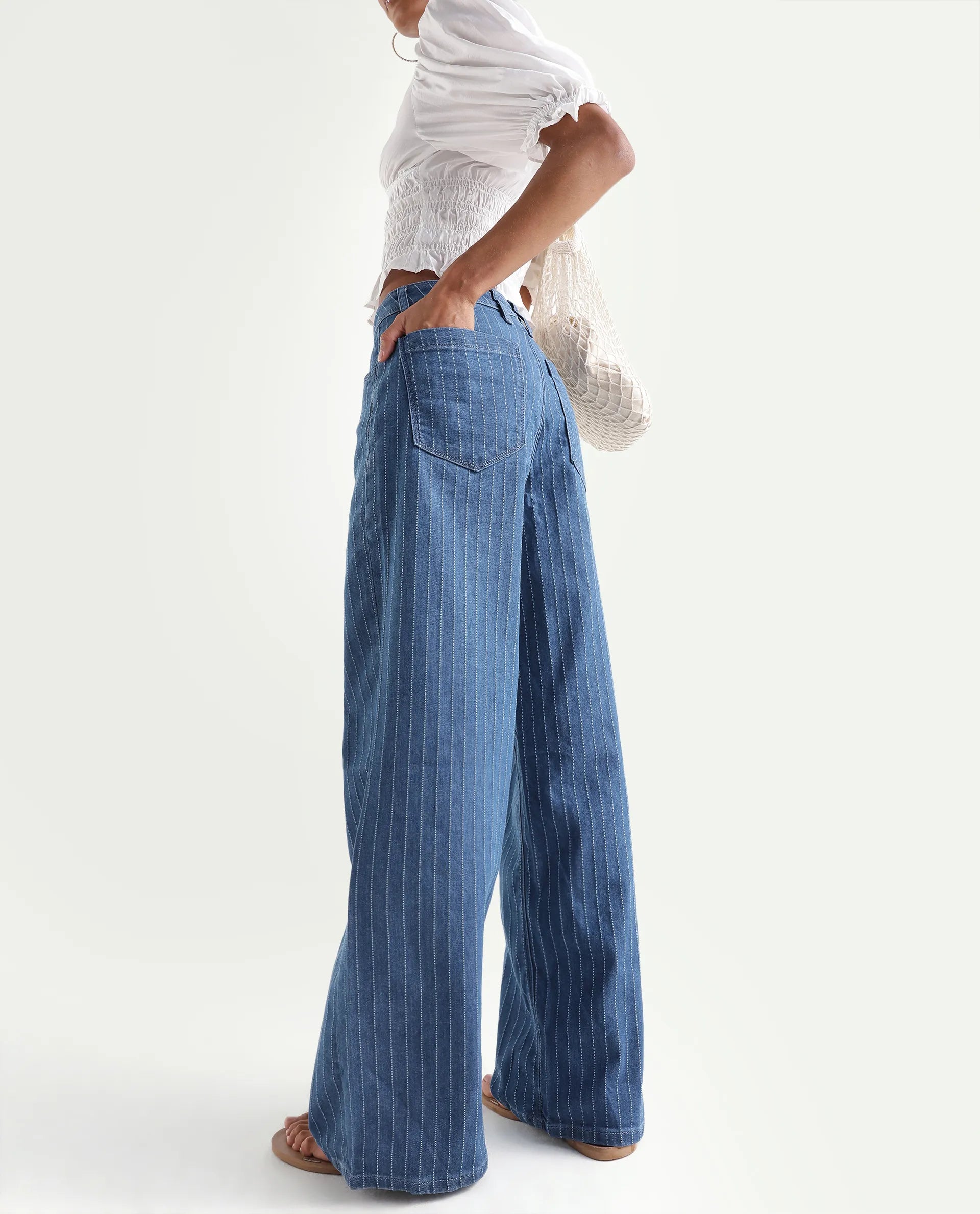 Rareism Women's Minik Blue Cotton Blend Striped Ankle Length Wide Jeans