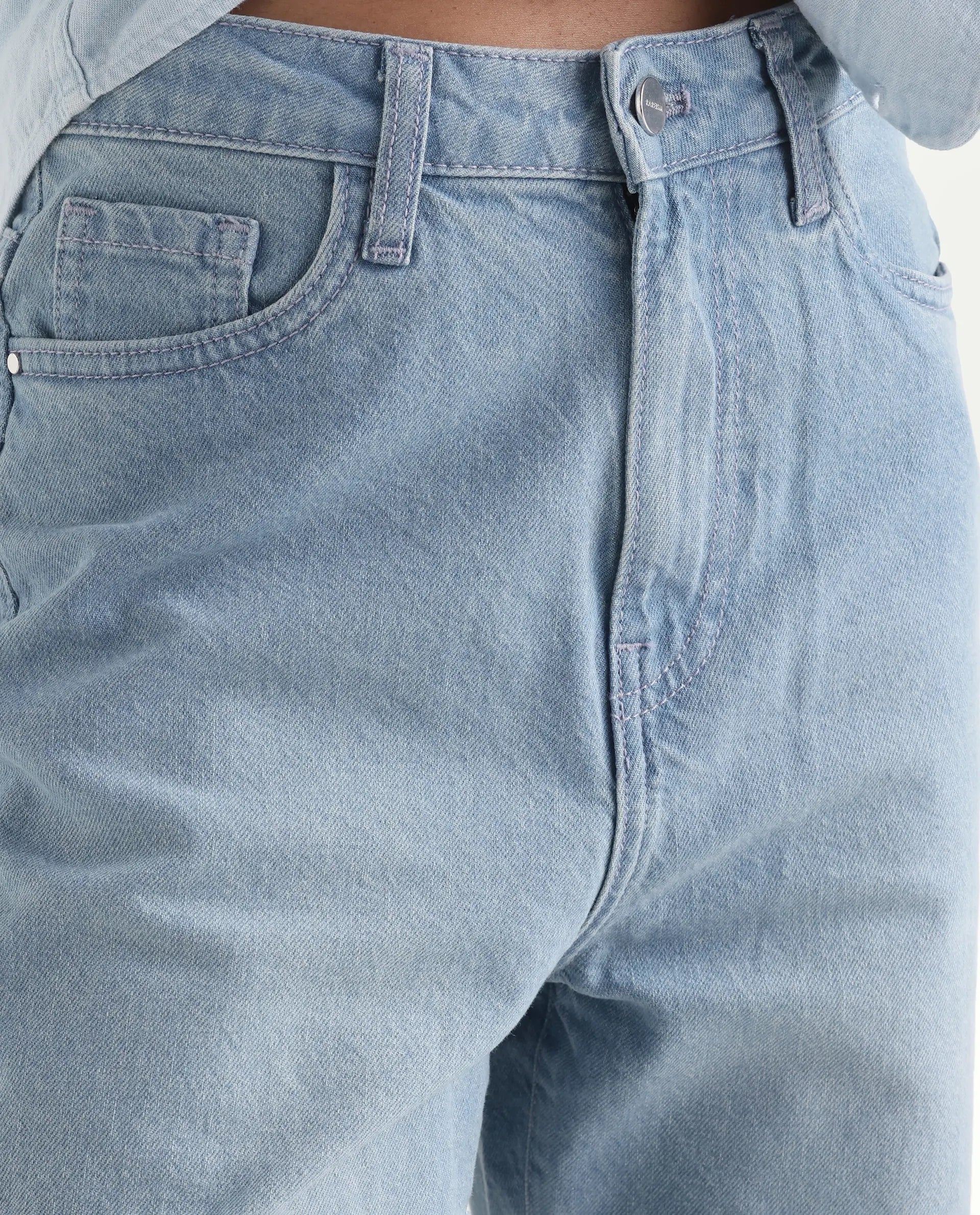 Rareism Women's Beuk Light Blue Cotton Blend Plain Ankle Length Smart Straight Fit Jeans