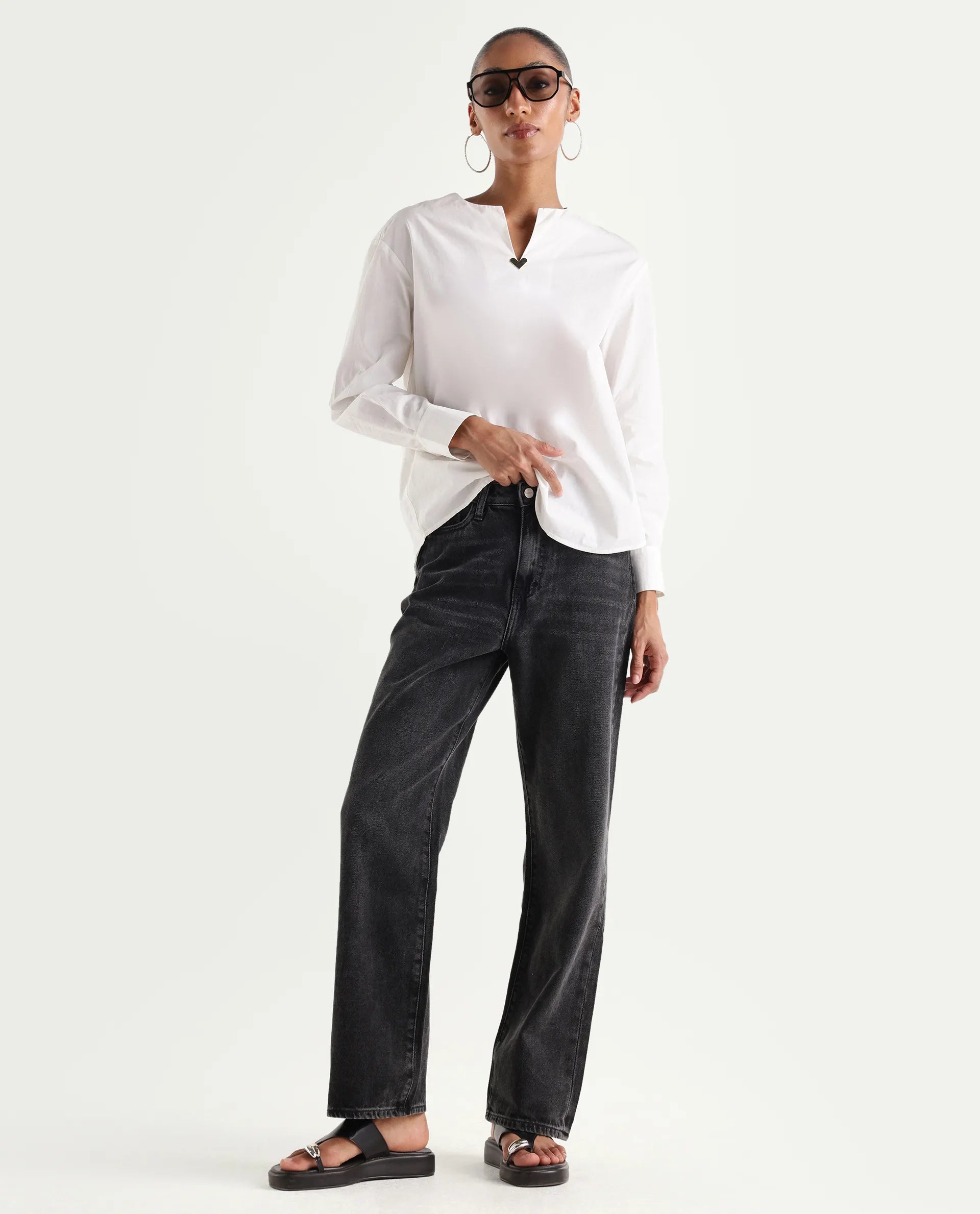 Rareism Women's Baeu Grey Cotton Blend Plain Ankle Length Straight Fit Jeans