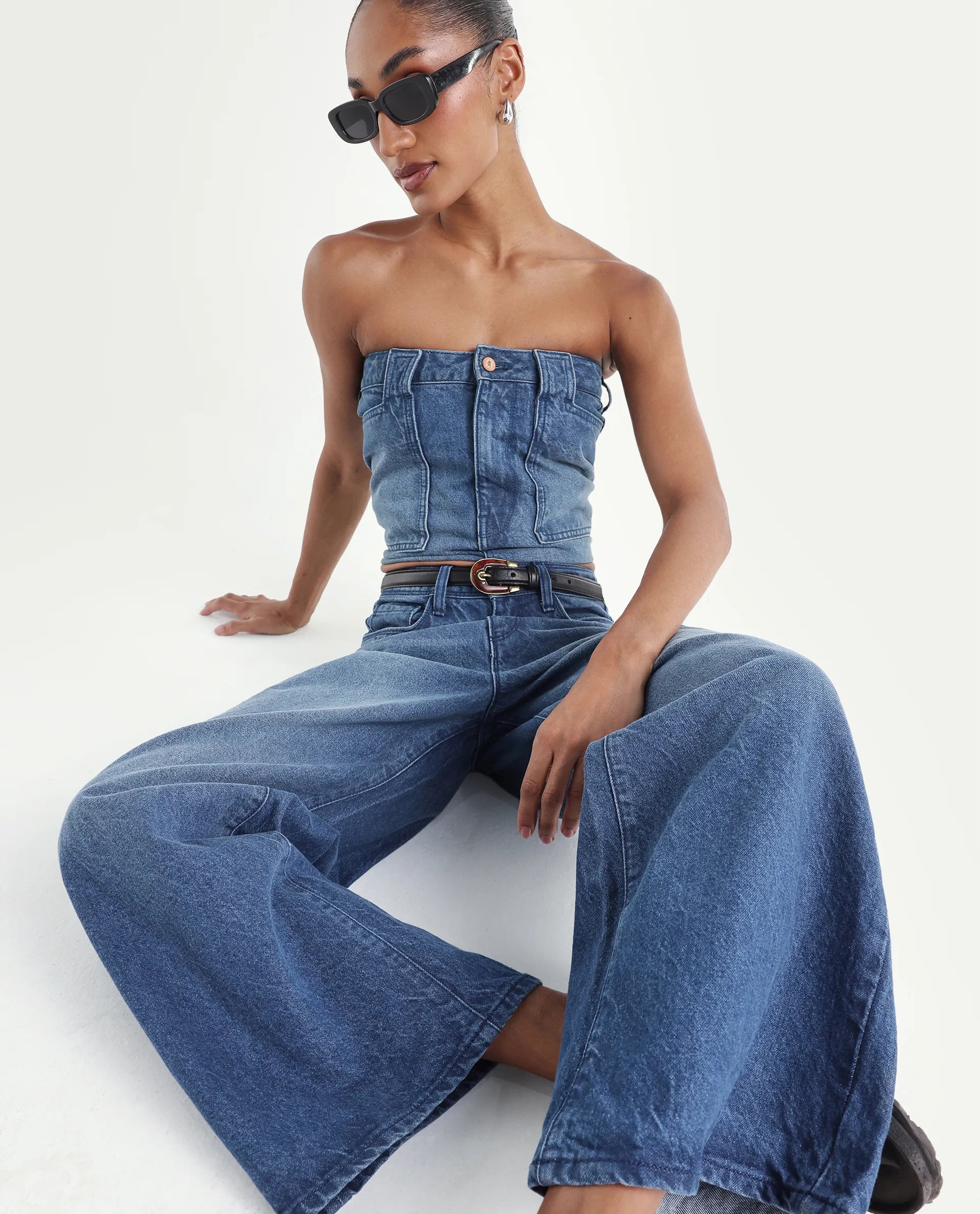 Rareism Women's Kikoi Blue Cotton Blend Plain Ankle Length Effortless Sculpt high wide Jeans