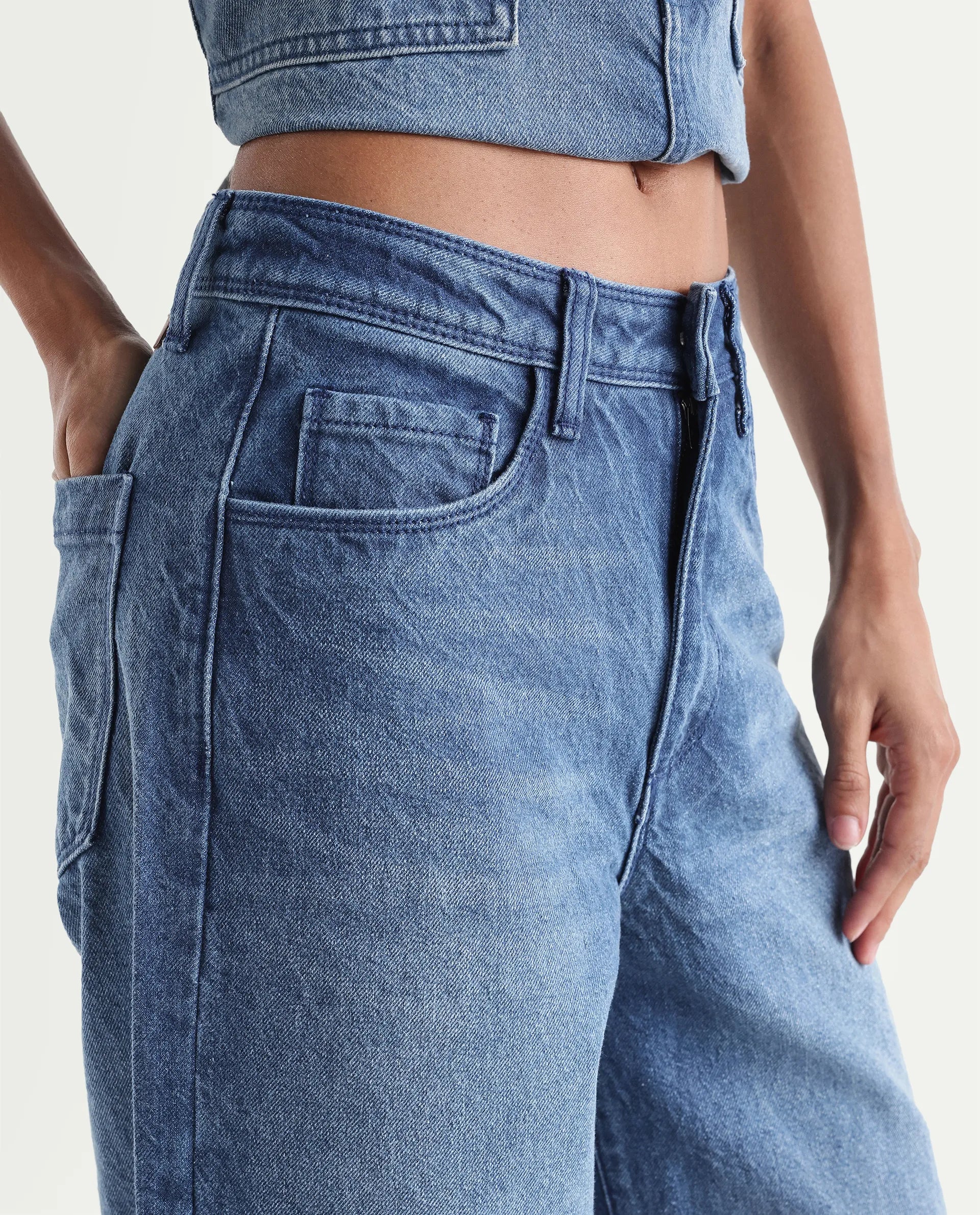 Rareism Women's Kikoi Blue Cotton Blend Plain Ankle Length Effortless Sculpt high wide Jeans