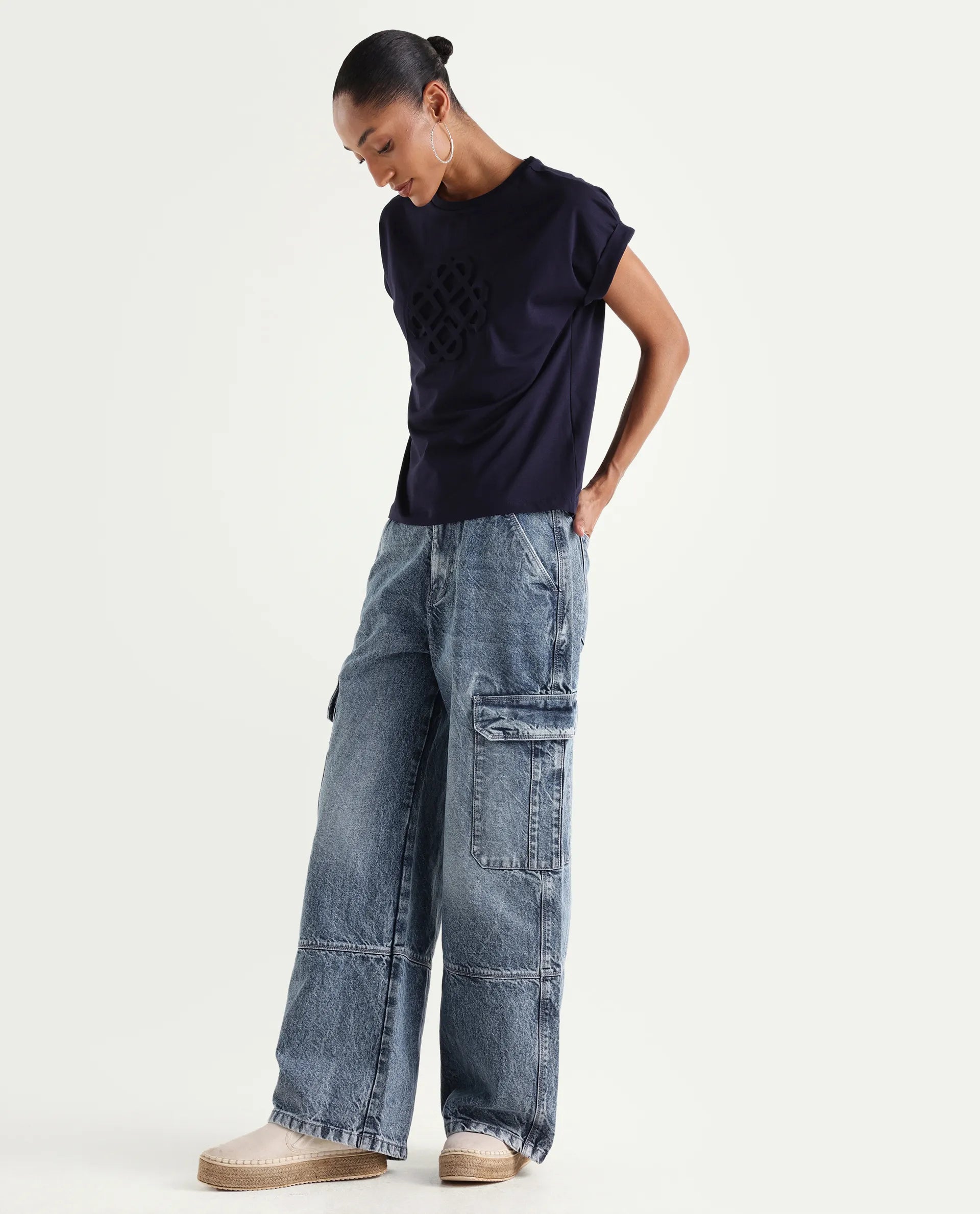 Rareism Women's Caro Light Blue Cotton Plain Ankle Length Tall Barrel Fit Jeans