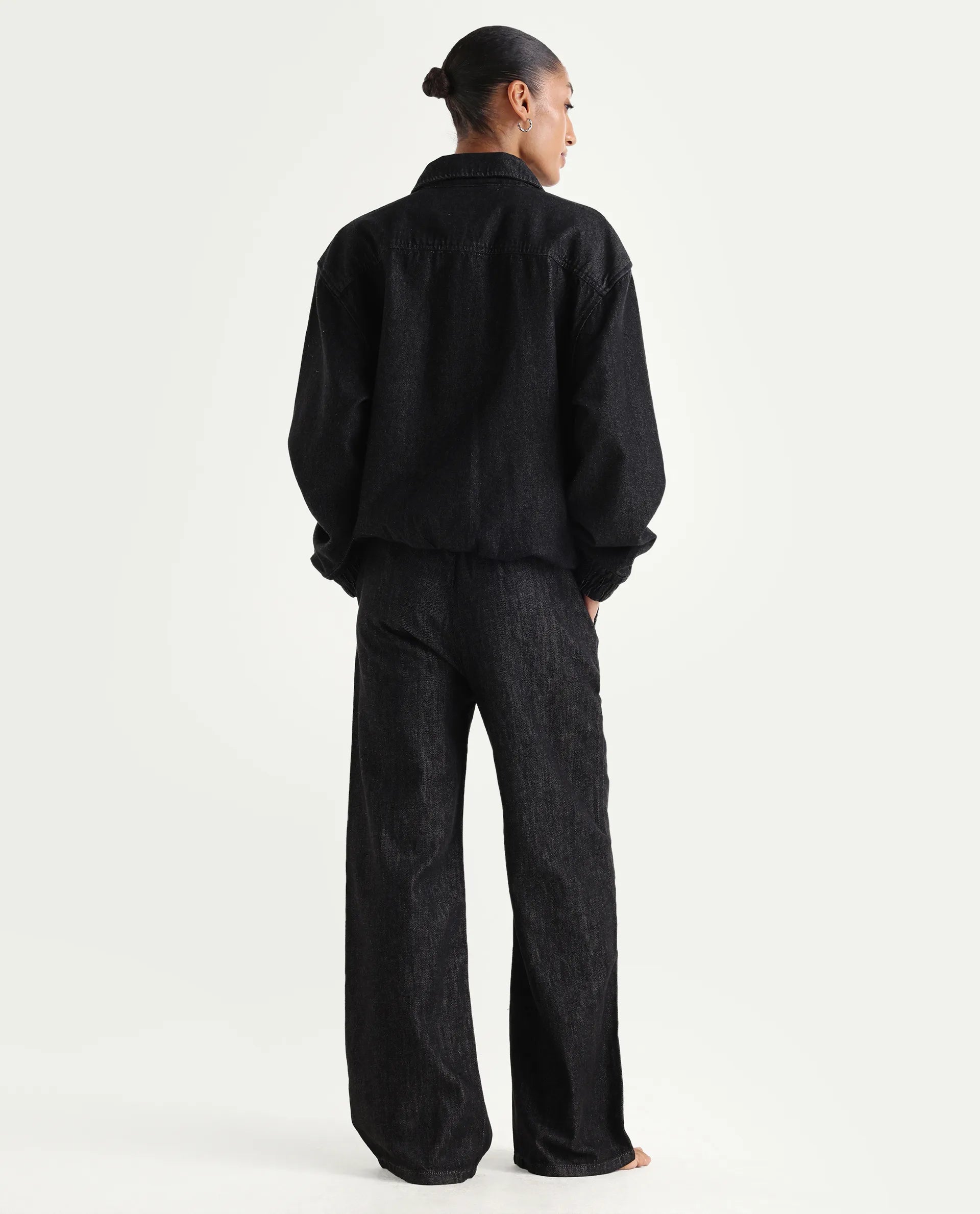 Rareism Women's Zalina Black Cotton Blend Plain Ankle Length Lounge Jeans