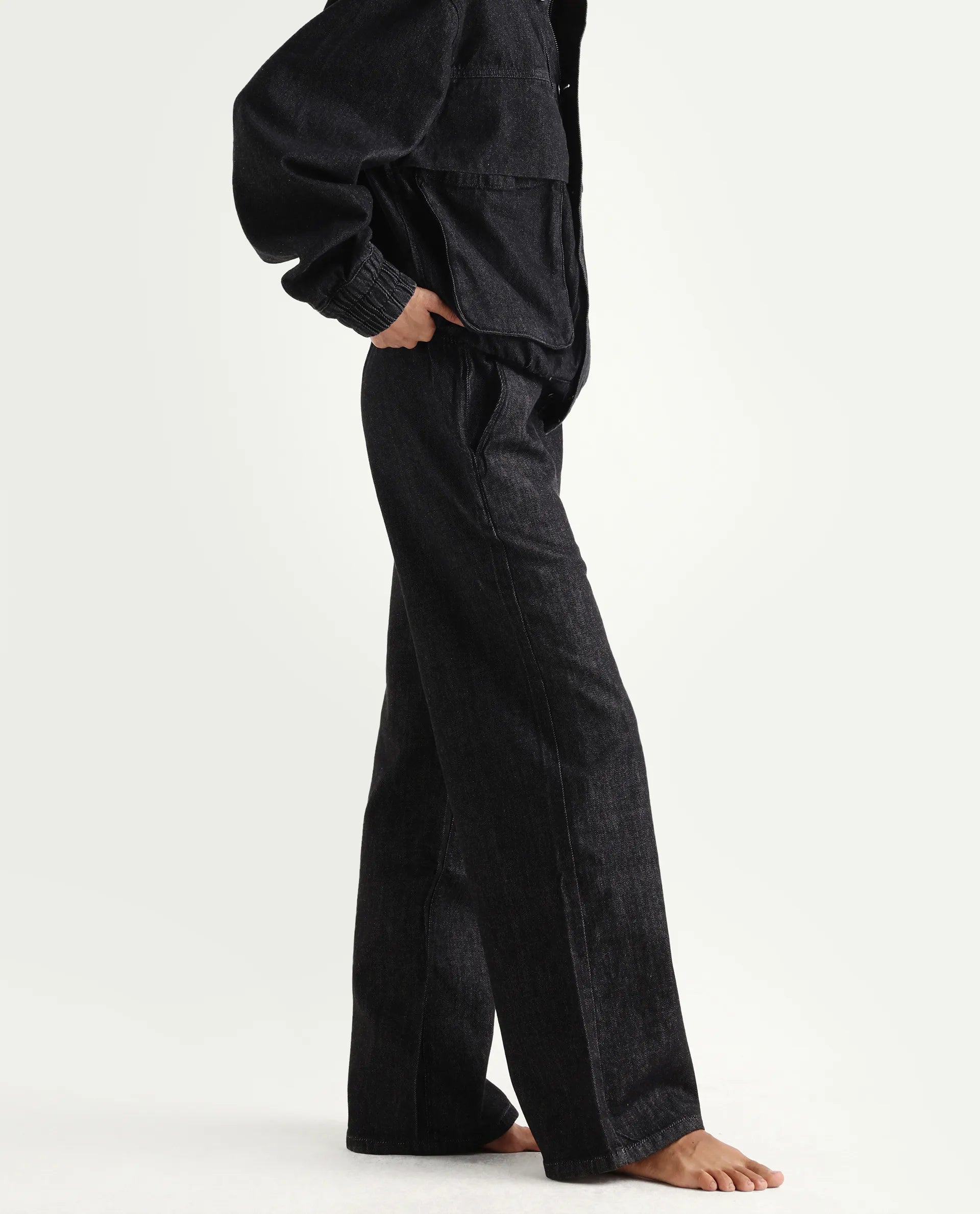 Rareism Women's Zalina Black Cotton Blend Plain Ankle Length Lounge Jeans