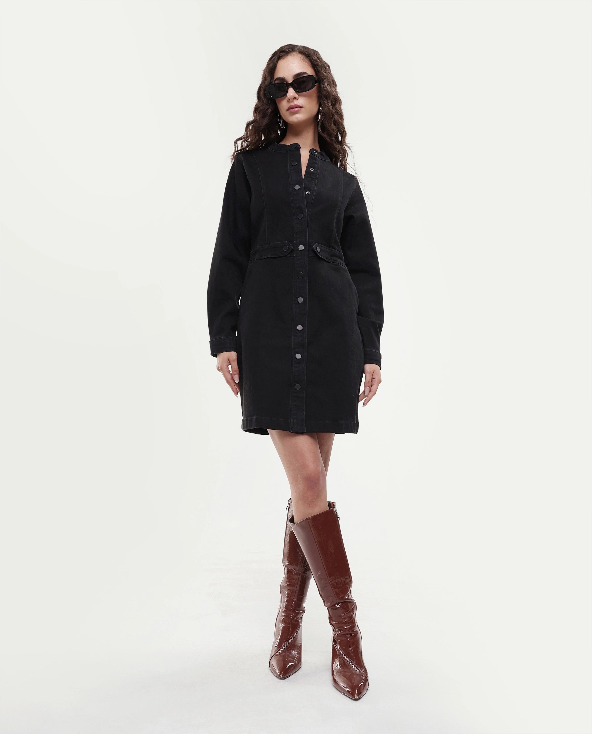 Rareism Women's Lizmi Black Cotton Blend High Neck Plain Cuffed Sleeve Mini Regular Fit Dress