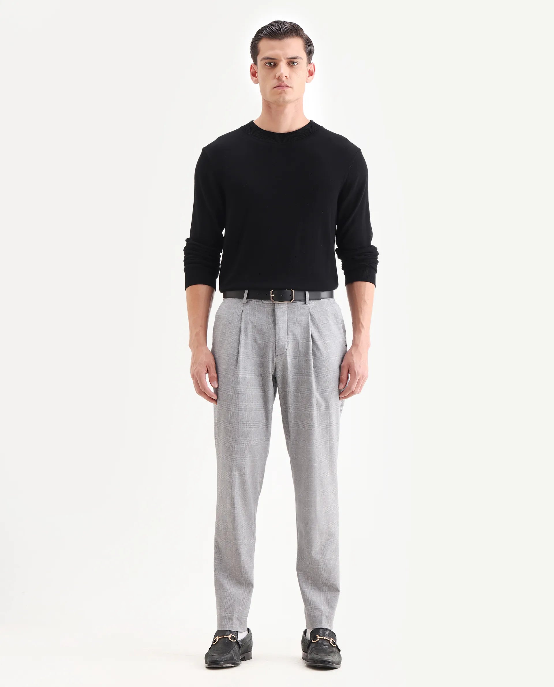 Rare Rabbit Men's Morst Grey Cotton Blend Checked Print Relaxed Fit Trouser