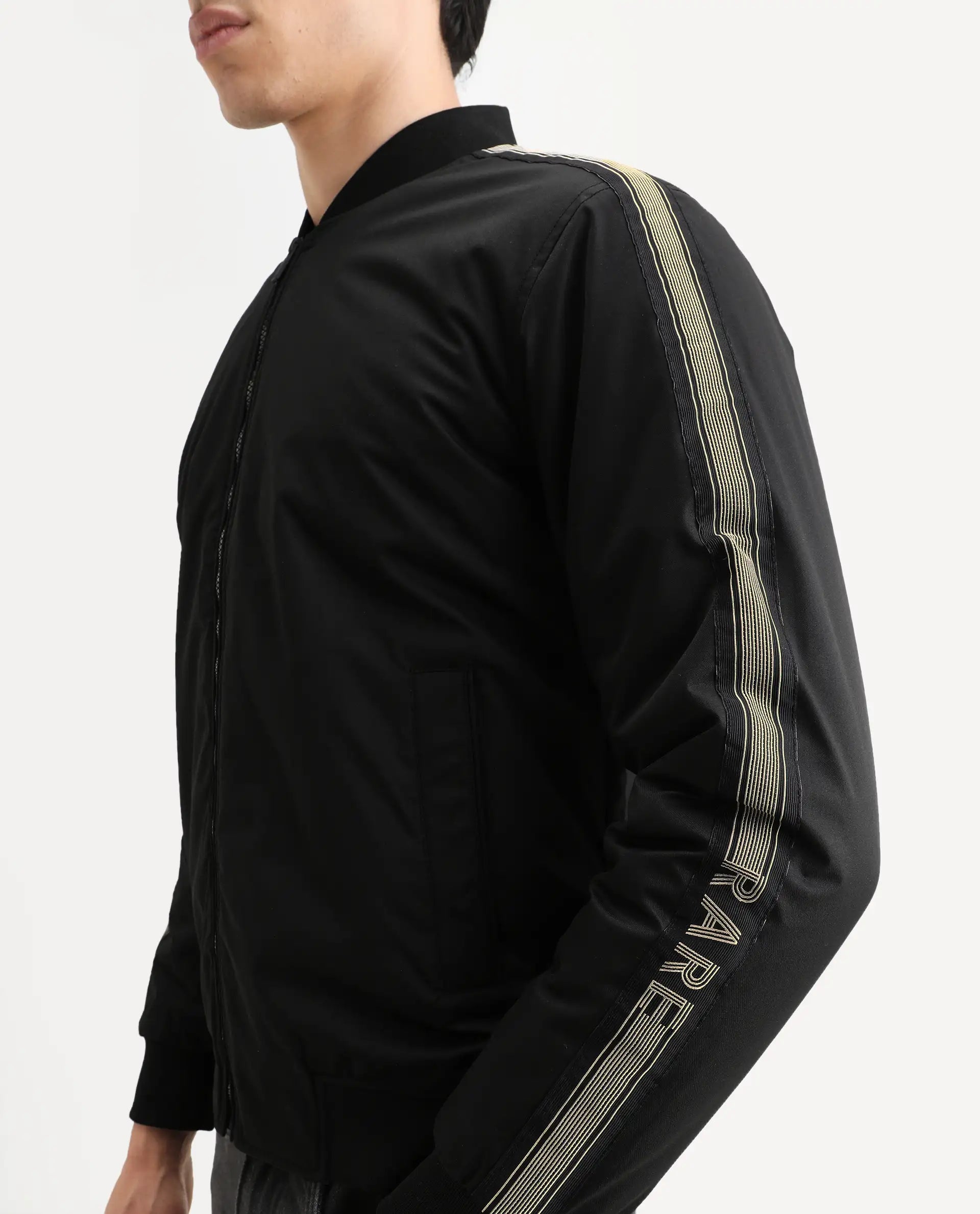 Rare Rabbit Men's Ghana Black Polyester Plain Regular Fit Full Sleeve Ribbed Collar Jacket