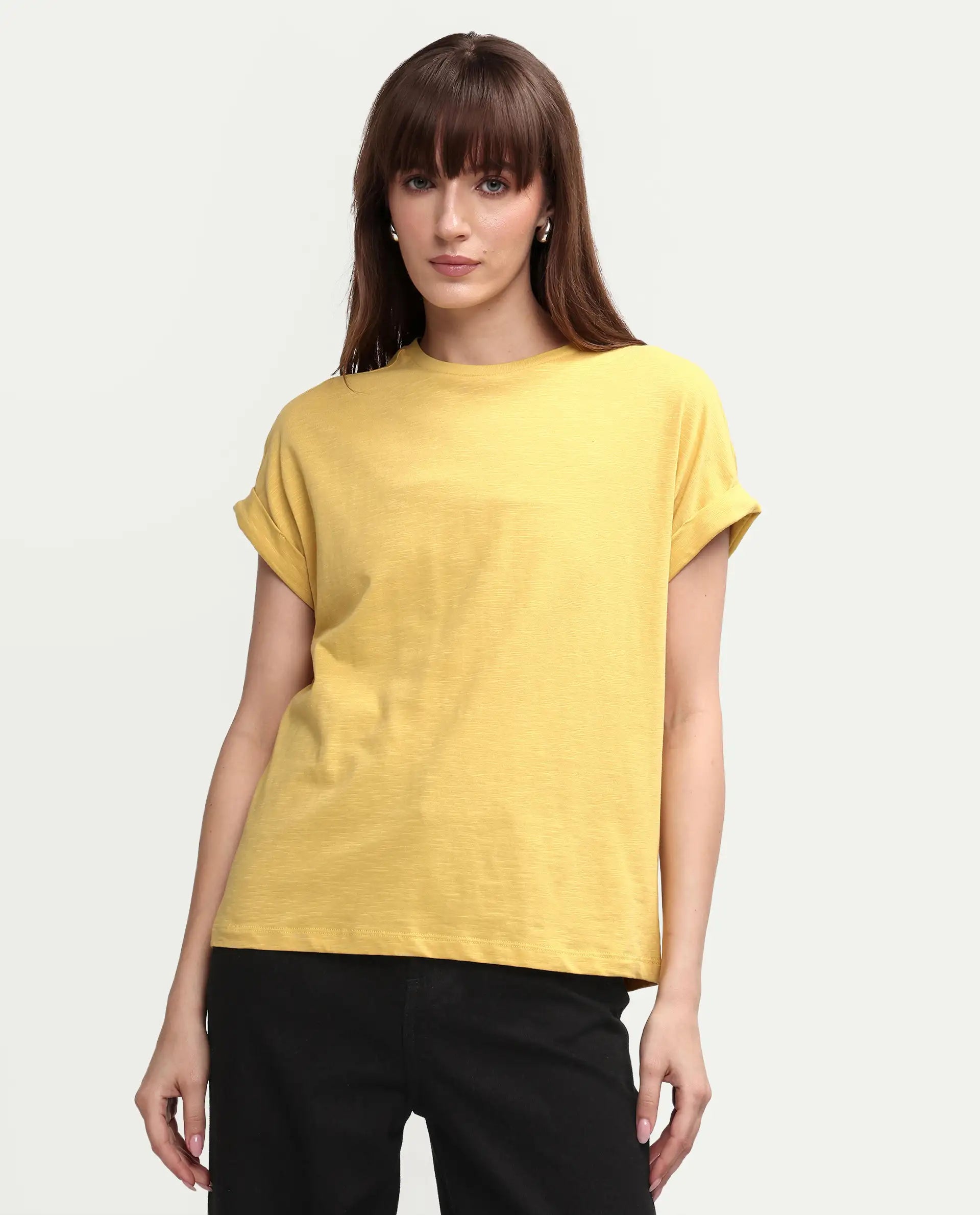 Rareism Women's Janinen Mustard Cotton Round Neck Plain Extended Sleeves Regular Fit T-Shirt