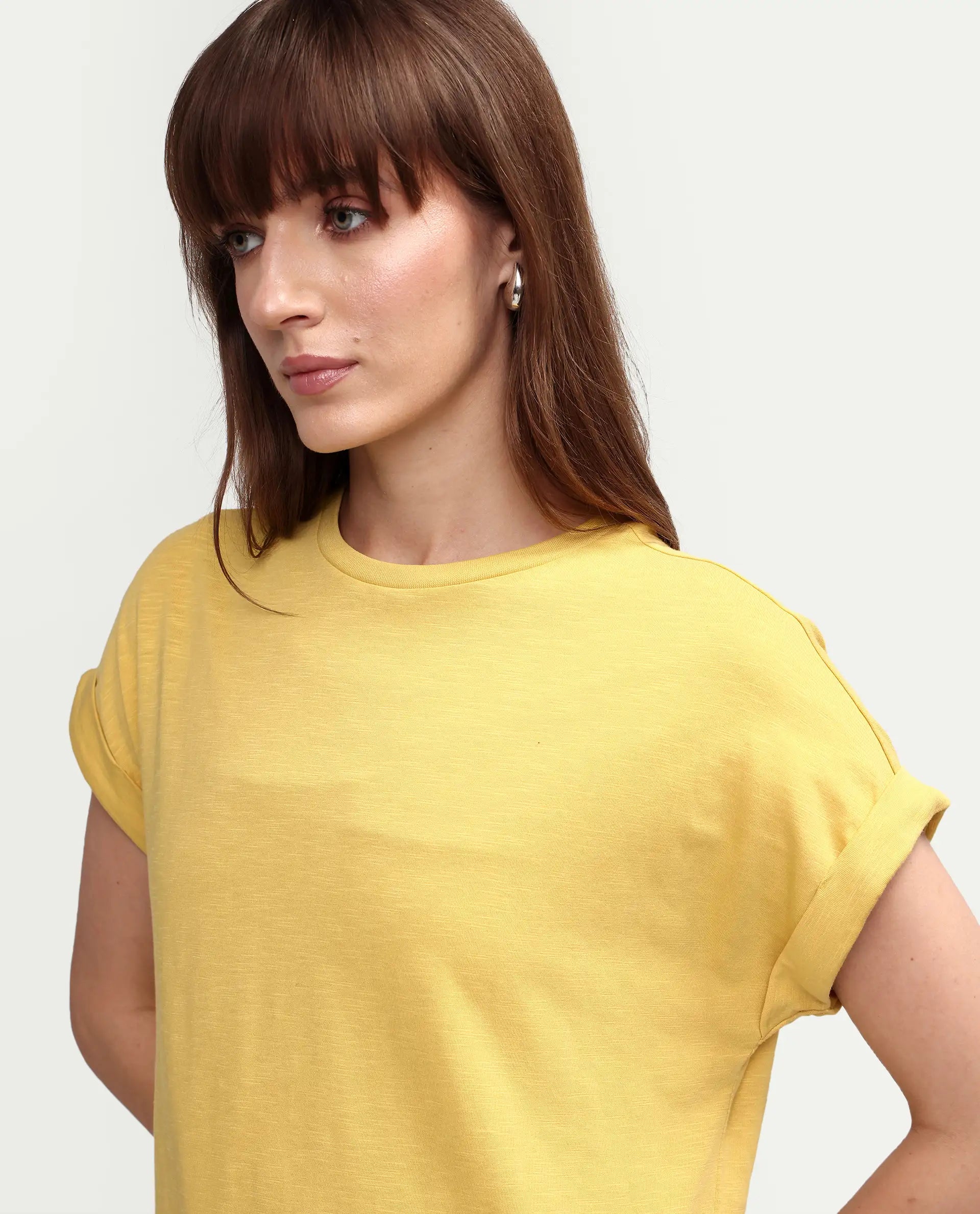 Rareism Women's Janinen Mustard Cotton Round Neck Plain Extended Sleeves Regular Fit T-Shirt