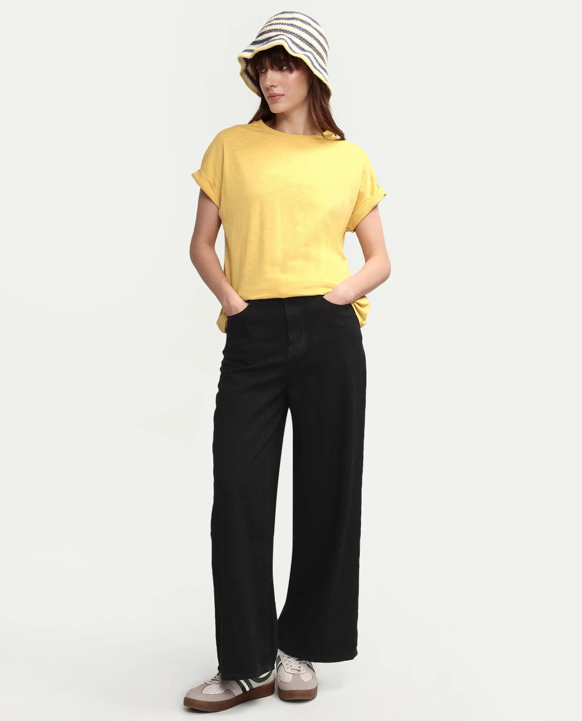 Rareism Women's Janinen Mustard Cotton Round Neck Plain Extended Sleeves Regular Fit T-Shirt