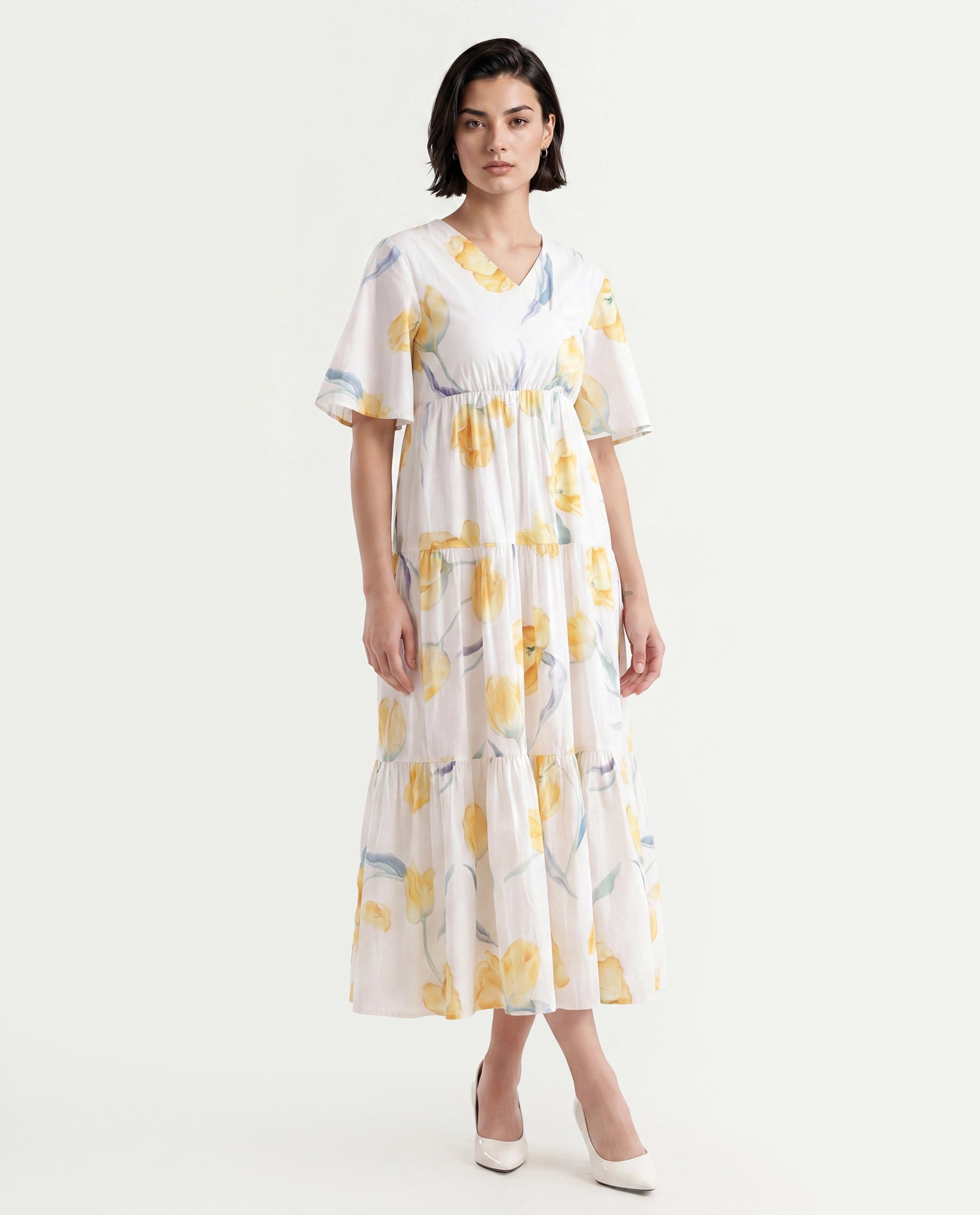 Rareism Women's Janpa Off White Cotton Overlap Neck Floral Print Ruffled Sleeve Maxi Fit And Flare Dress
