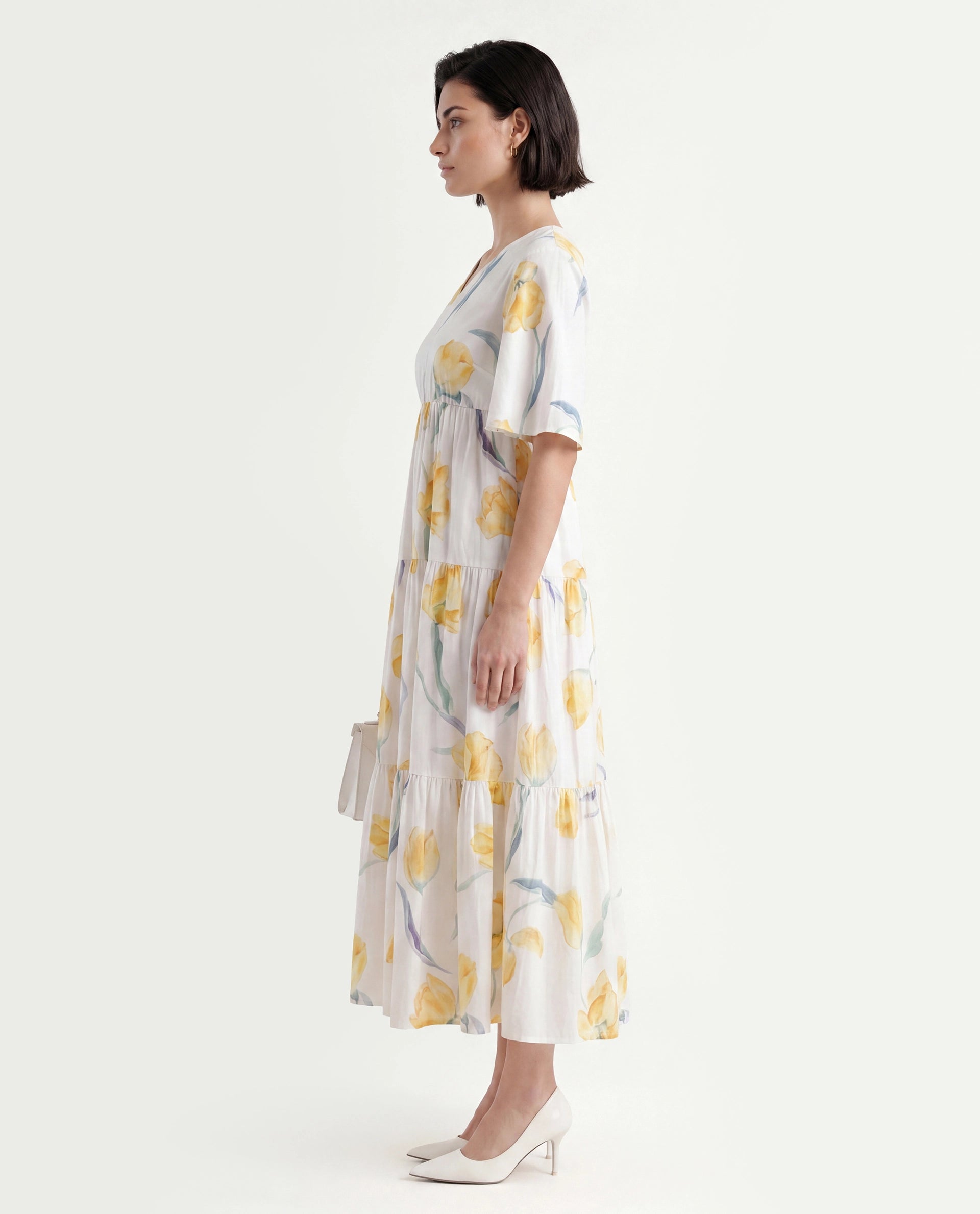 Rareism Women's Janpa Off White Cotton Overlap Neck Floral Print Ruffled Sleeve Maxi Fit And Flare Dress