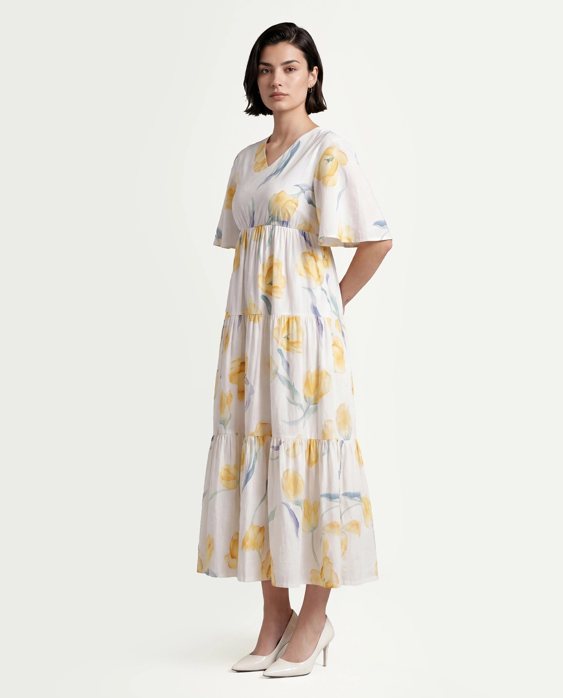 Rareism Women's Janpa Off White Cotton Overlap Neck Floral Print Ruffled Sleeve Maxi Fit And Flare Dress