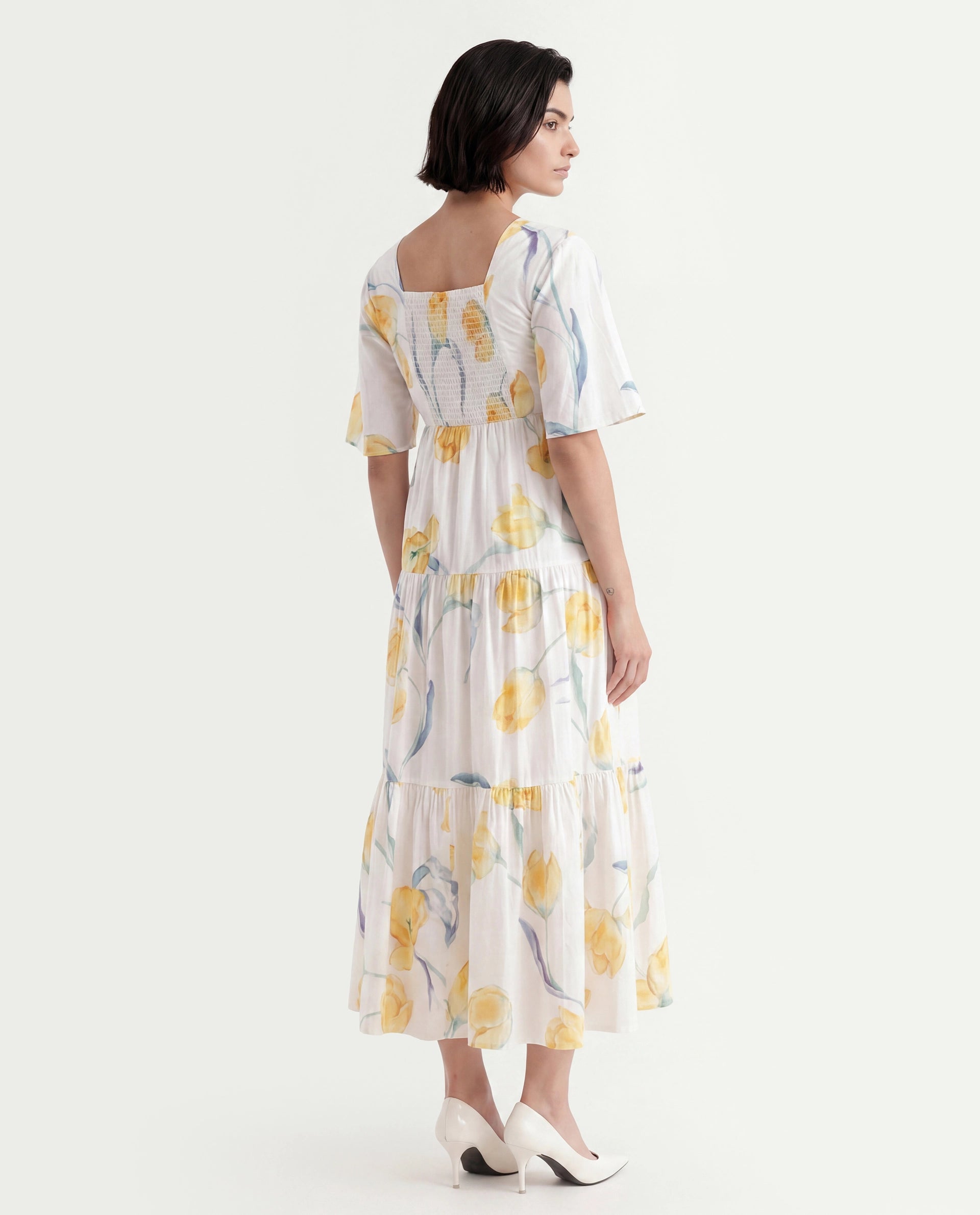 Rareism Women's Janpa Off White Cotton Overlap Neck Floral Print Ruffled Sleeve Maxi Fit And Flare Dress