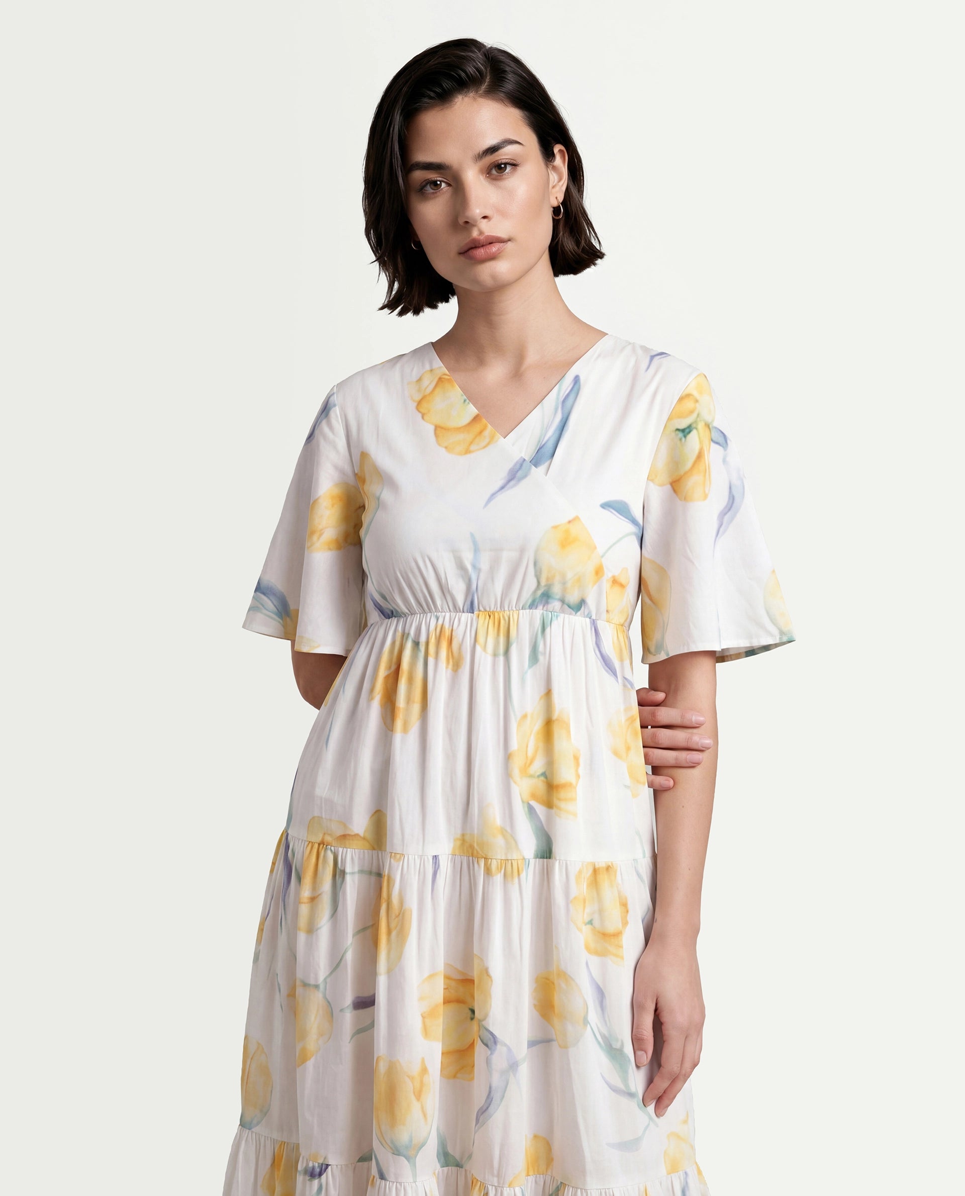 Rareism Women's Janpa Off White Cotton Overlap Neck Floral Print Ruffled Sleeve Maxi Fit And Flare Dress