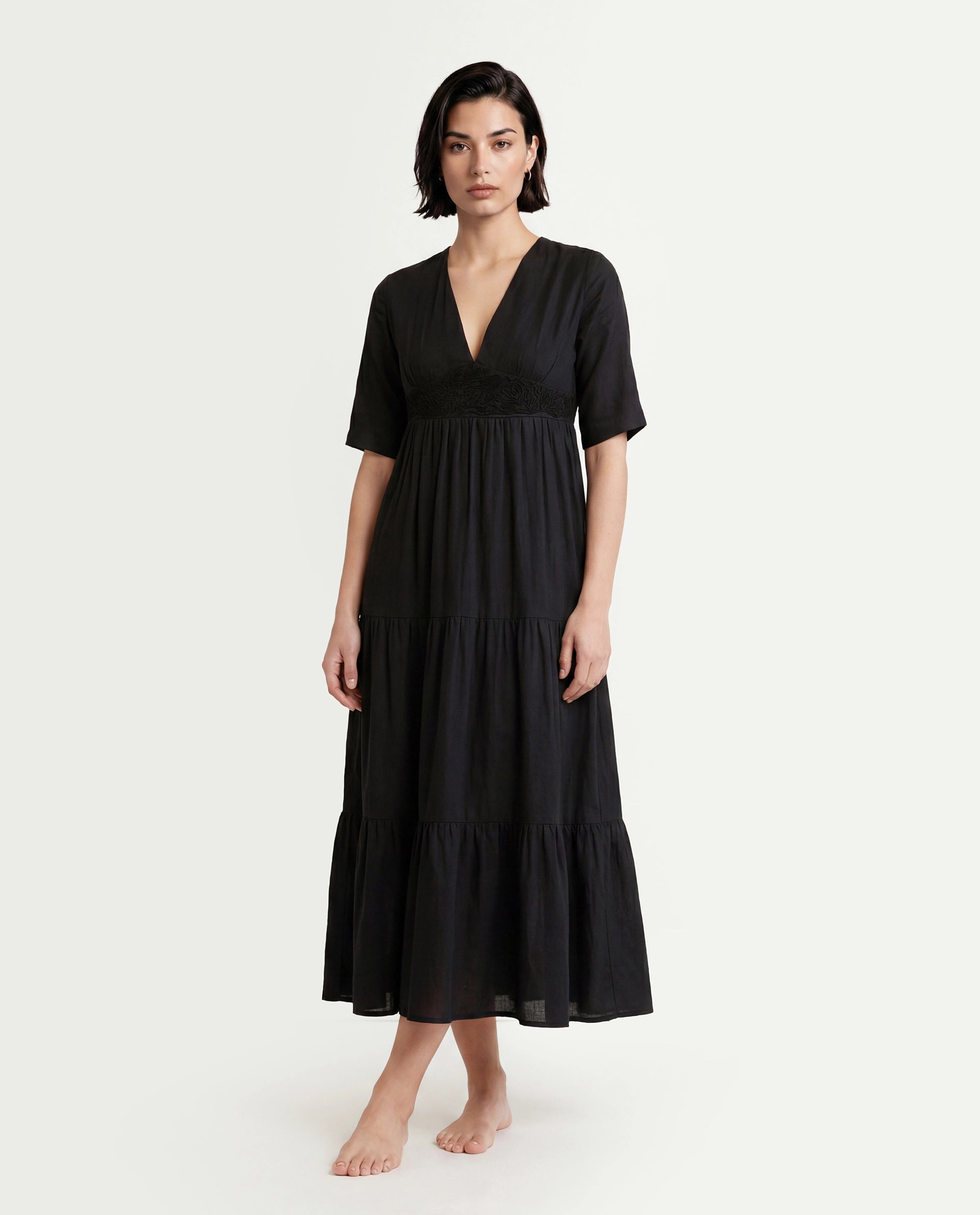 Rareism Women's Janyaka Black Viscose Blend V-Neck Plain Maxi Fit And Flare Dress