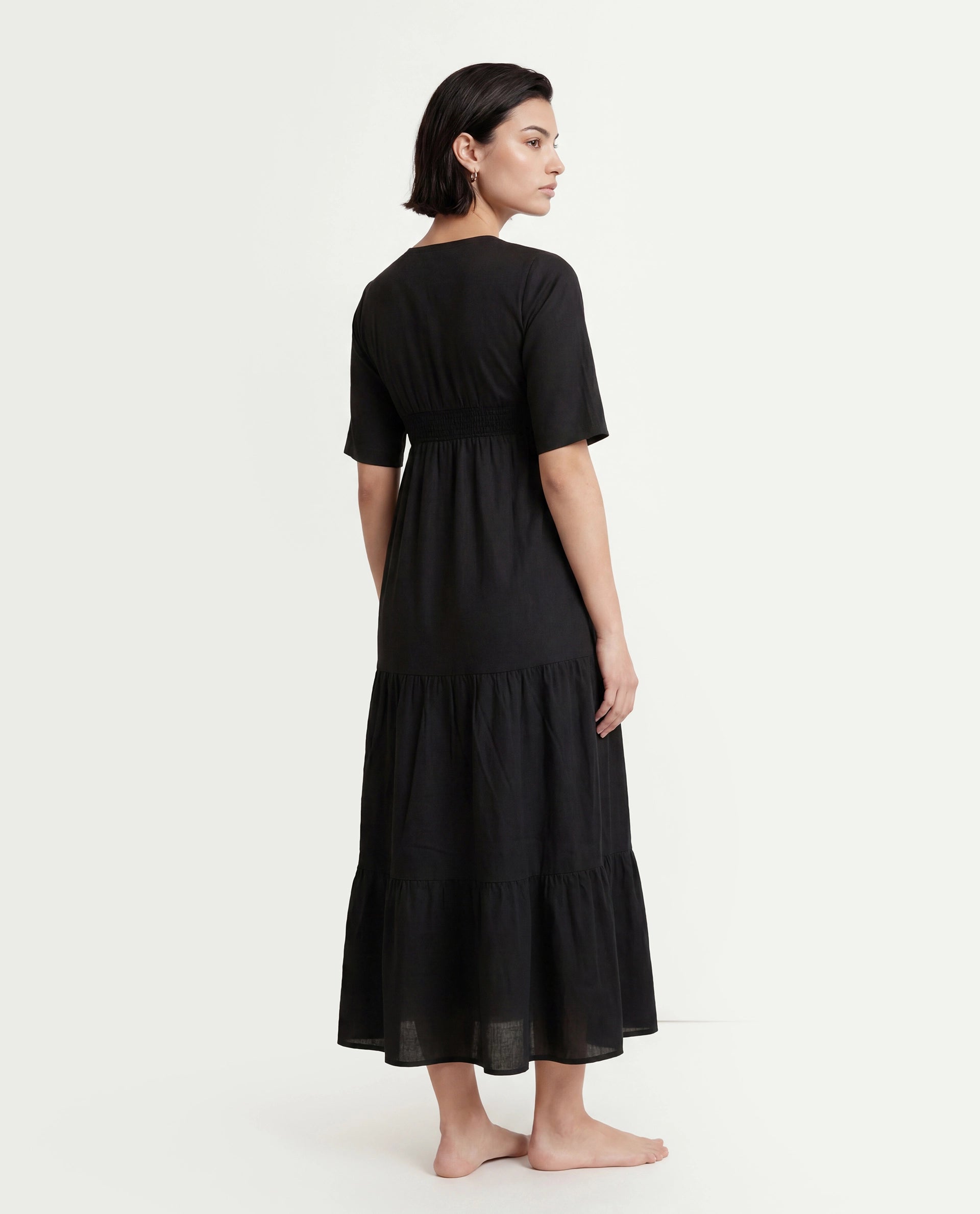 Rareism Women's Janyaka Black Viscose Blend V-Neck Plain Maxi Fit And Flare Dress