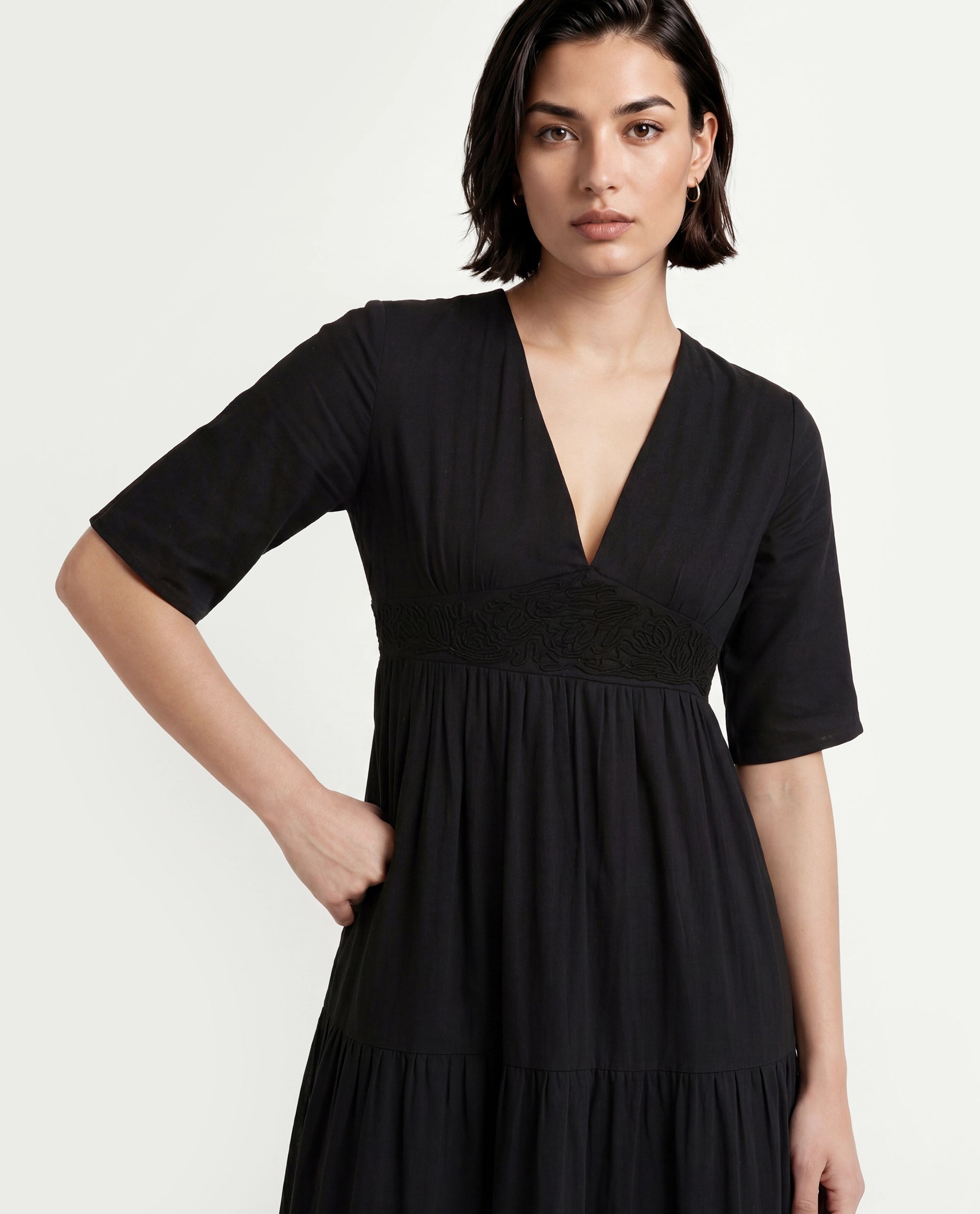 Rareism Women's Janyaka Black Viscose Blend V-Neck Plain Maxi Fit And Flare Dress