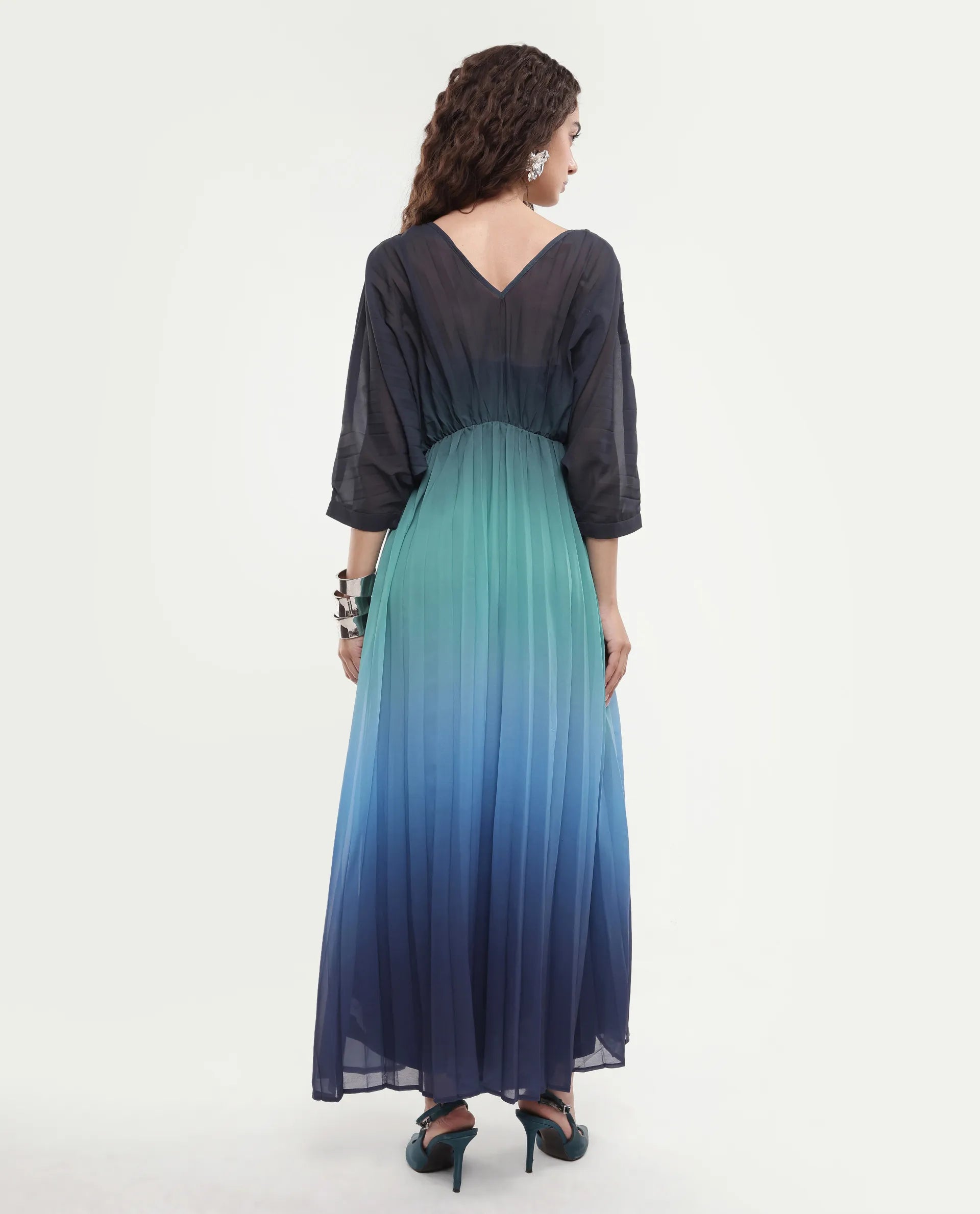 Rareism Women's Janambi Dark Blue Cotton V-Neck Ombre Kimono Sleeve Maxi Flared Dress