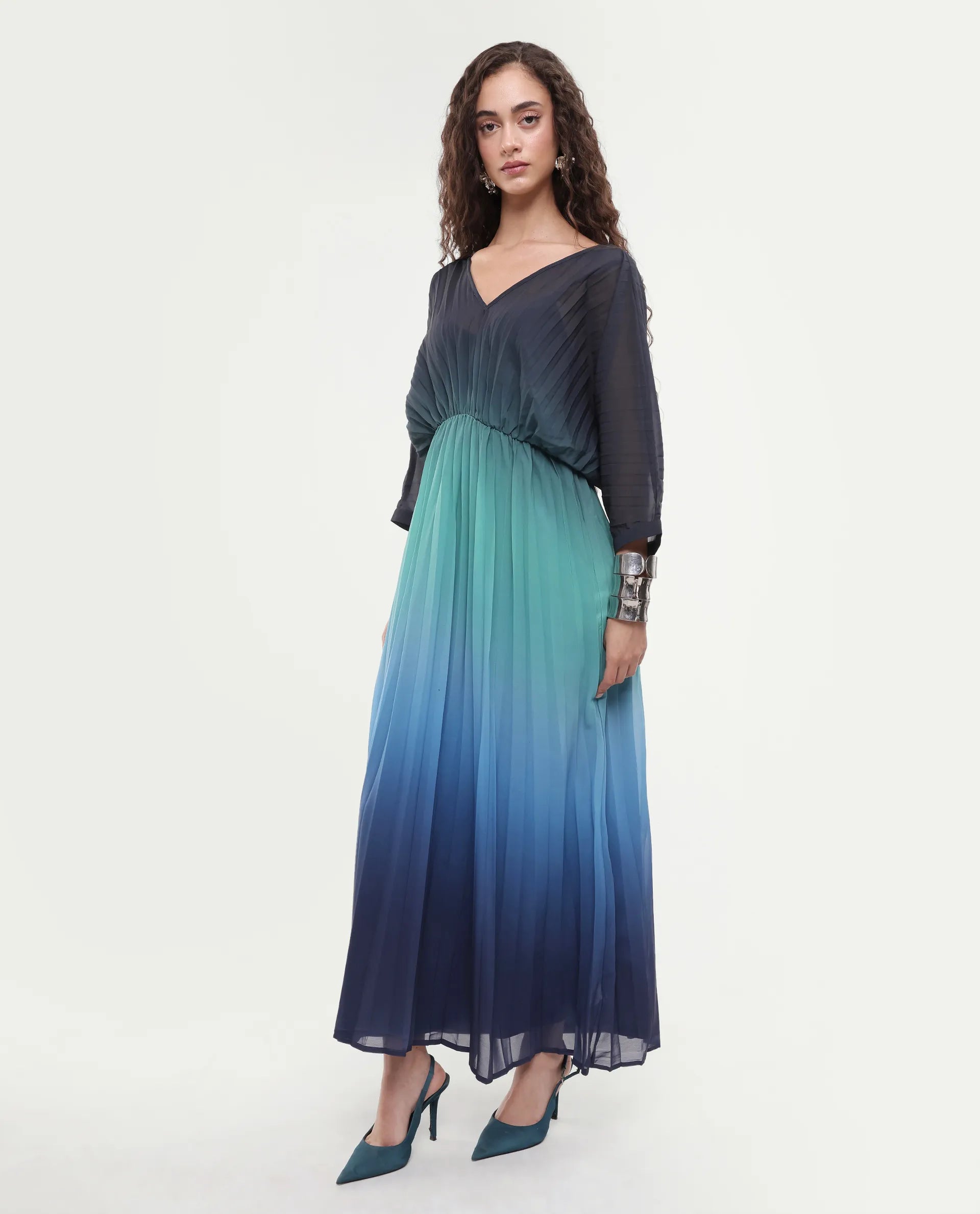 Rareism Women's Janambi Dark Blue Cotton V-Neck Ombre Kimono Sleeve Maxi Flared Dress