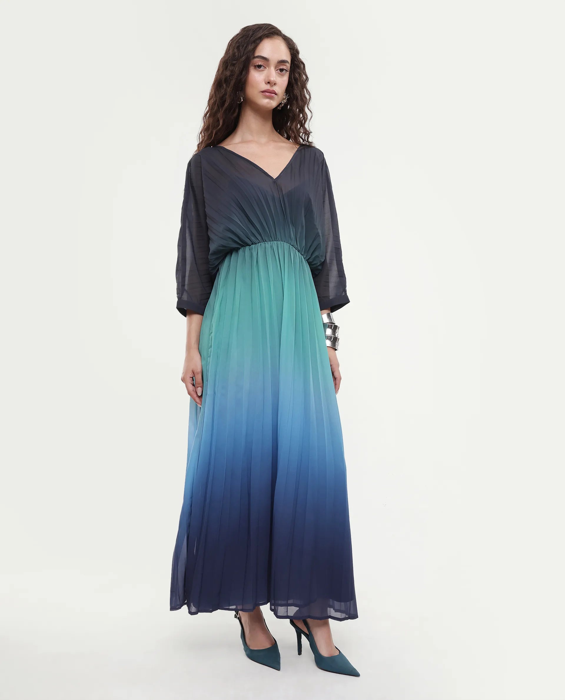 Rareism Women's Janambi Dark Blue Cotton V-Neck Ombre Kimono Sleeve Maxi Flared Dress