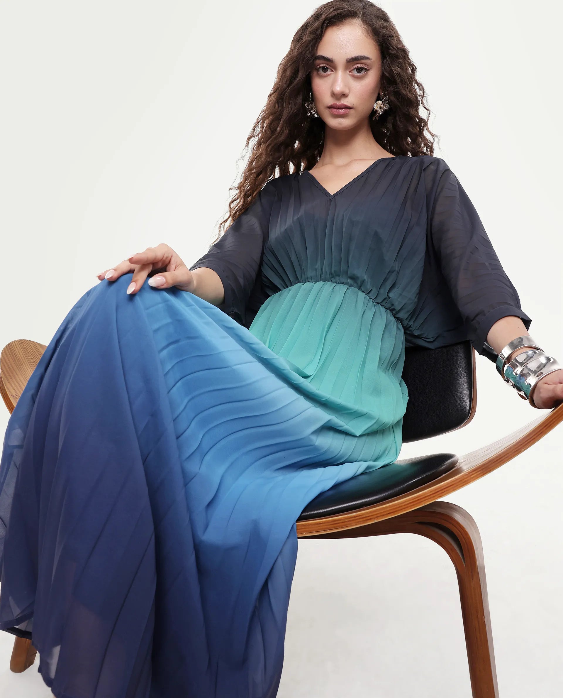 Rareism Women's Janambi Dark Blue Cotton V-Neck Ombre Kimono Sleeve Maxi Flared Dress