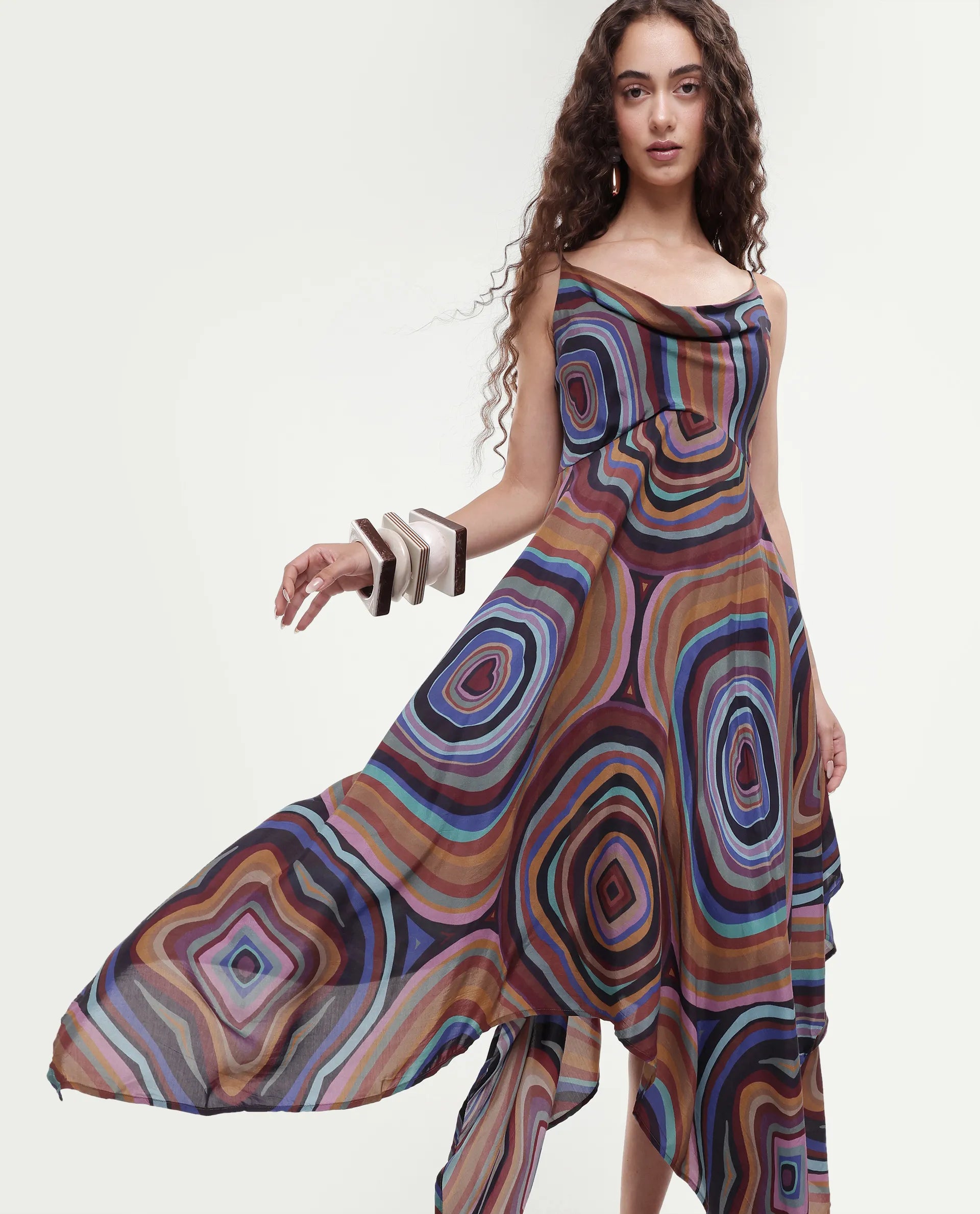 Rareism Women's Janudya Dark Multi Viscose Cowl Neck Abstract Print Sleeveless Maxi Fit And Flare Dress