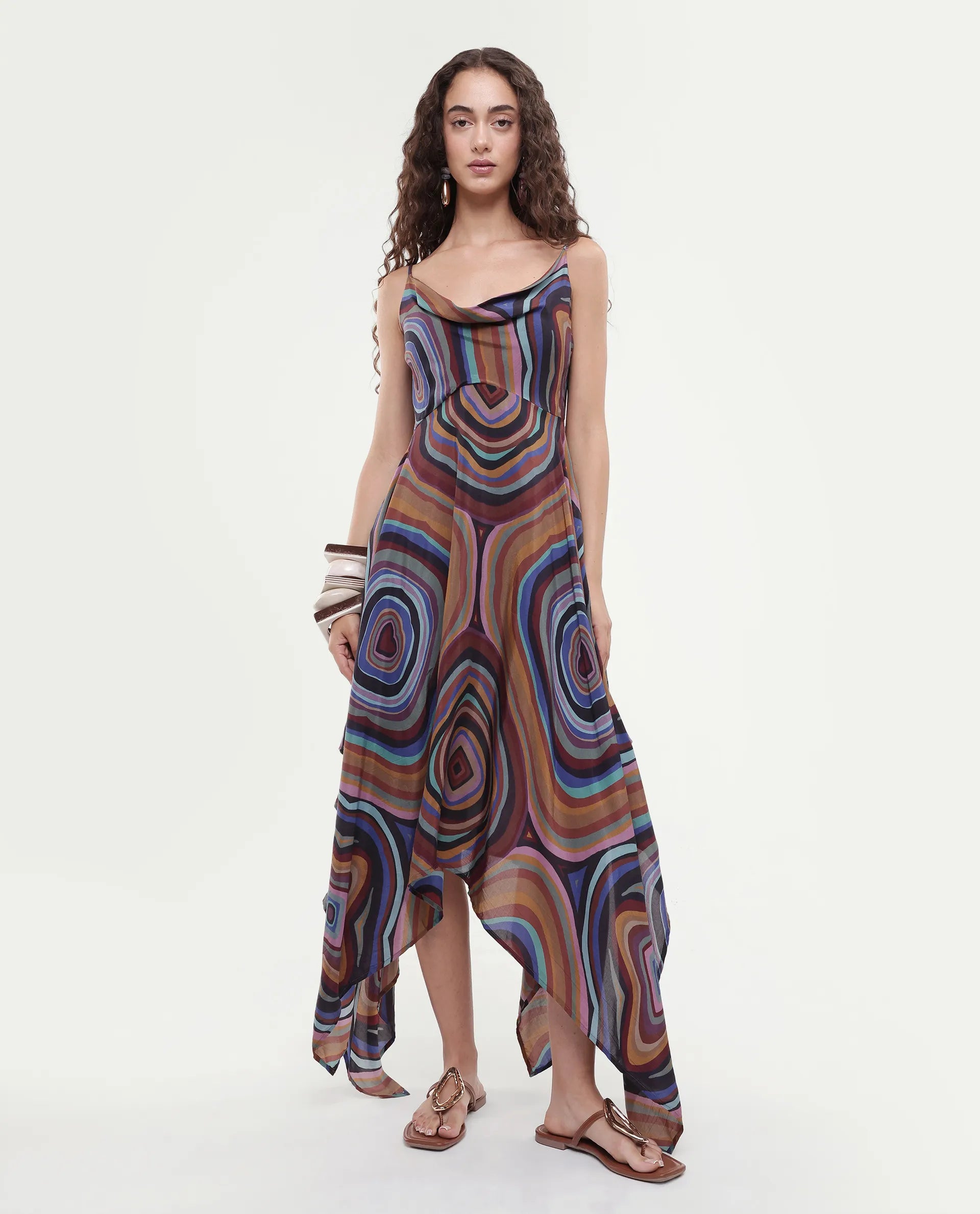 Rareism Women's Janudya Dark Multi Viscose Cowl Neck Abstract Print Sleeveless Maxi Fit And Flare Dress