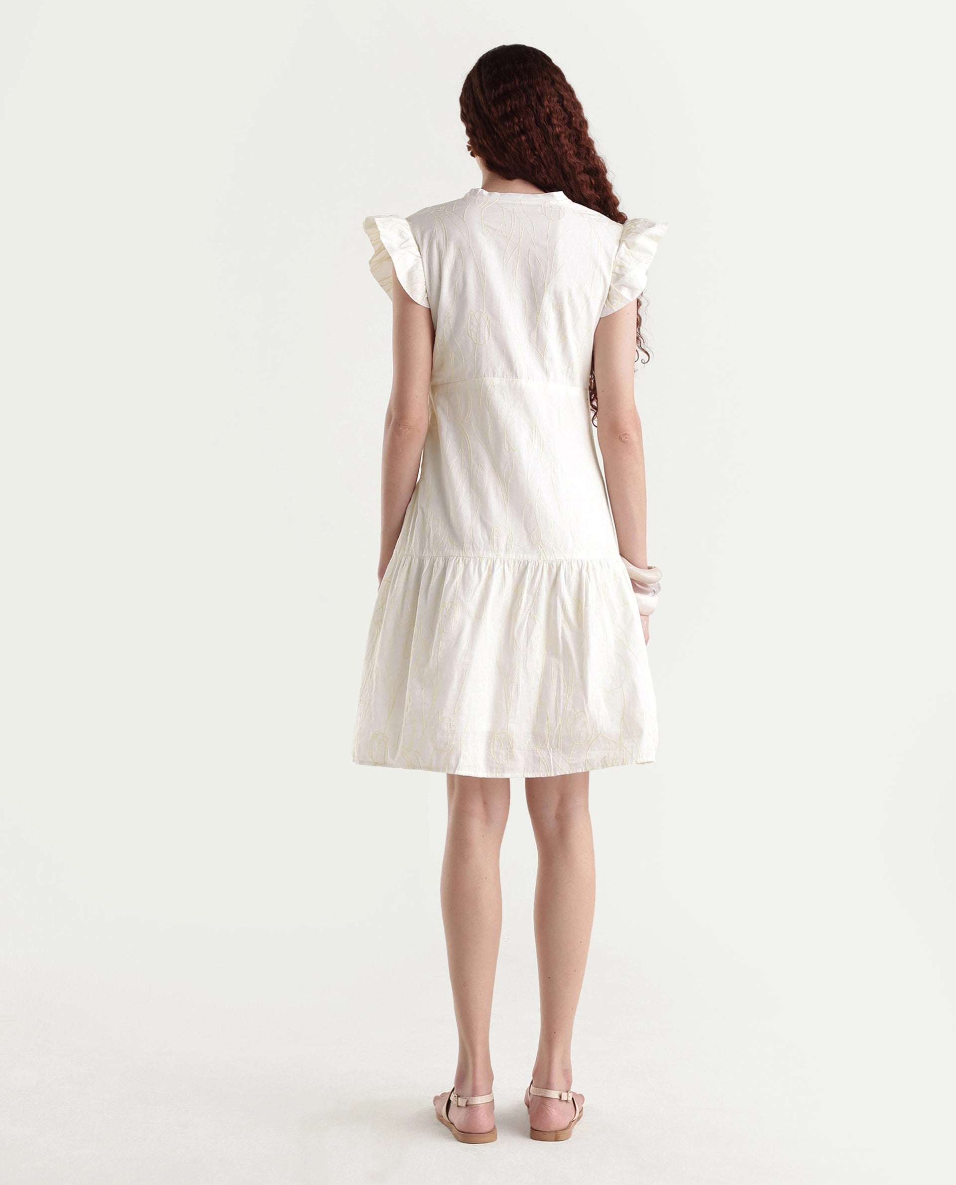 Rareism Women's Janarivi Off White Cotton V-Neck Embroidered Ruffled Sleeve Knee Length Fit And Flare Dress