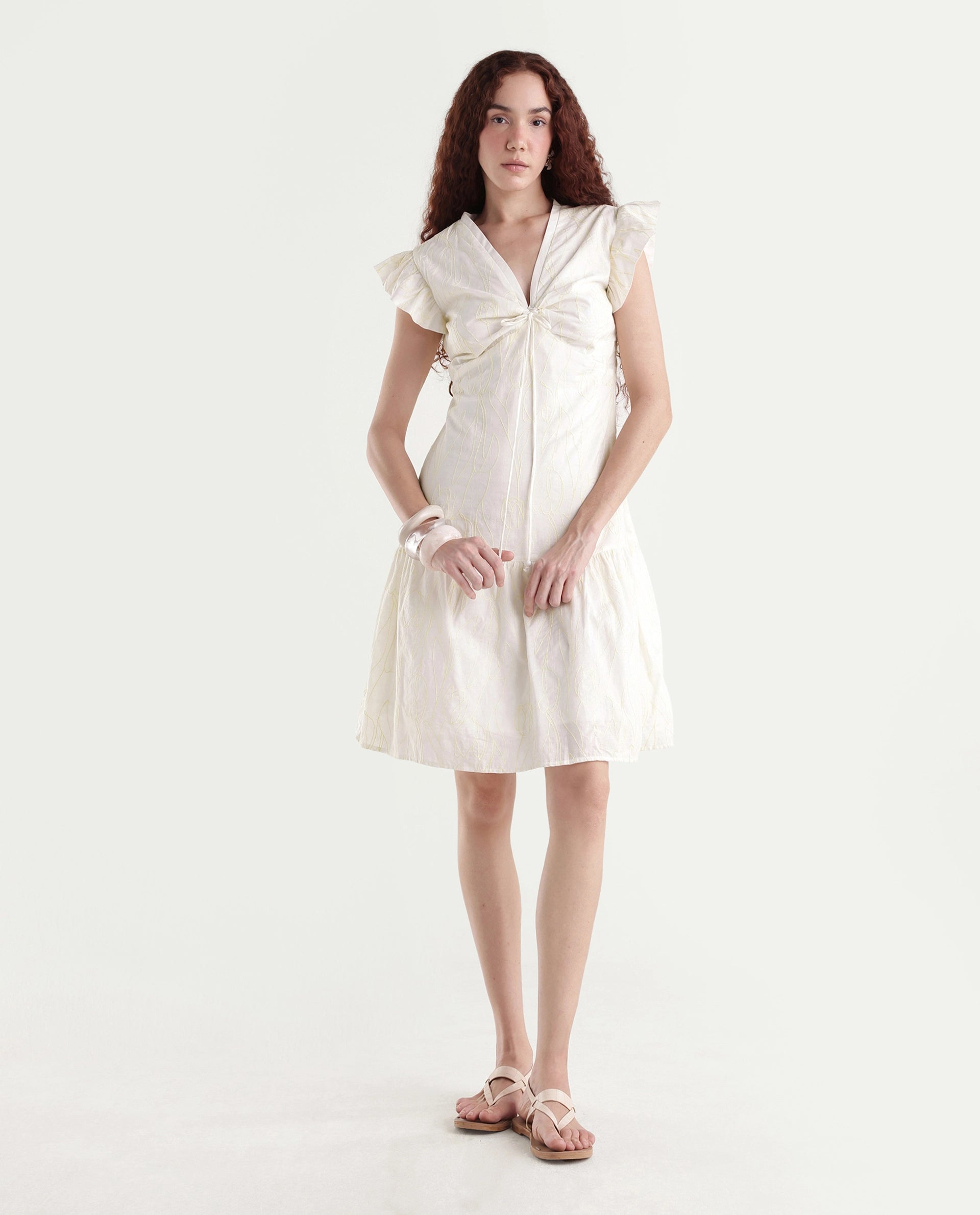 Rareism Women's Janarivi Off White Cotton V-Neck Embroidered Ruffled Sleeve Knee Length Fit And Flare Dress