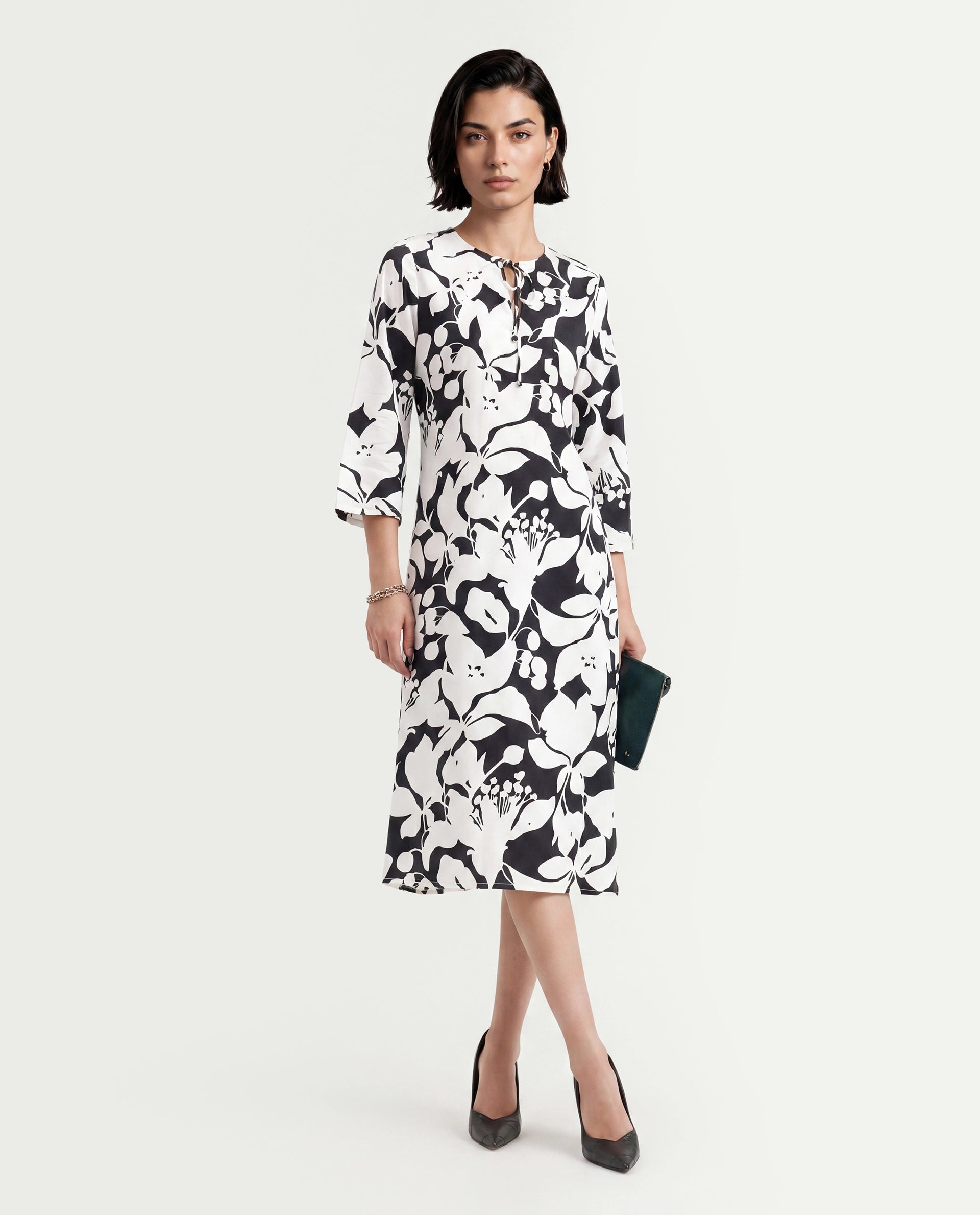 Rareism Women's Janzen Black Viscose Tie-Up Neck Floral Print Bell Sleeve Midi Straight Fit Dress