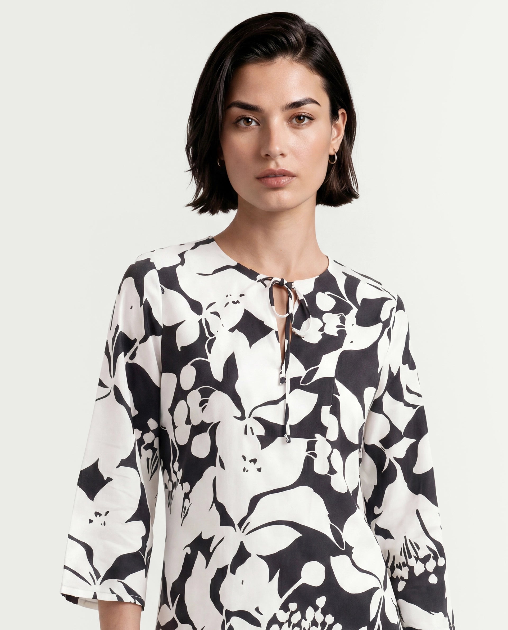 Rareism Women's Janzen Black Viscose Tie-Up Neck Floral Print Bell Sleeve Midi Straight Fit Dress