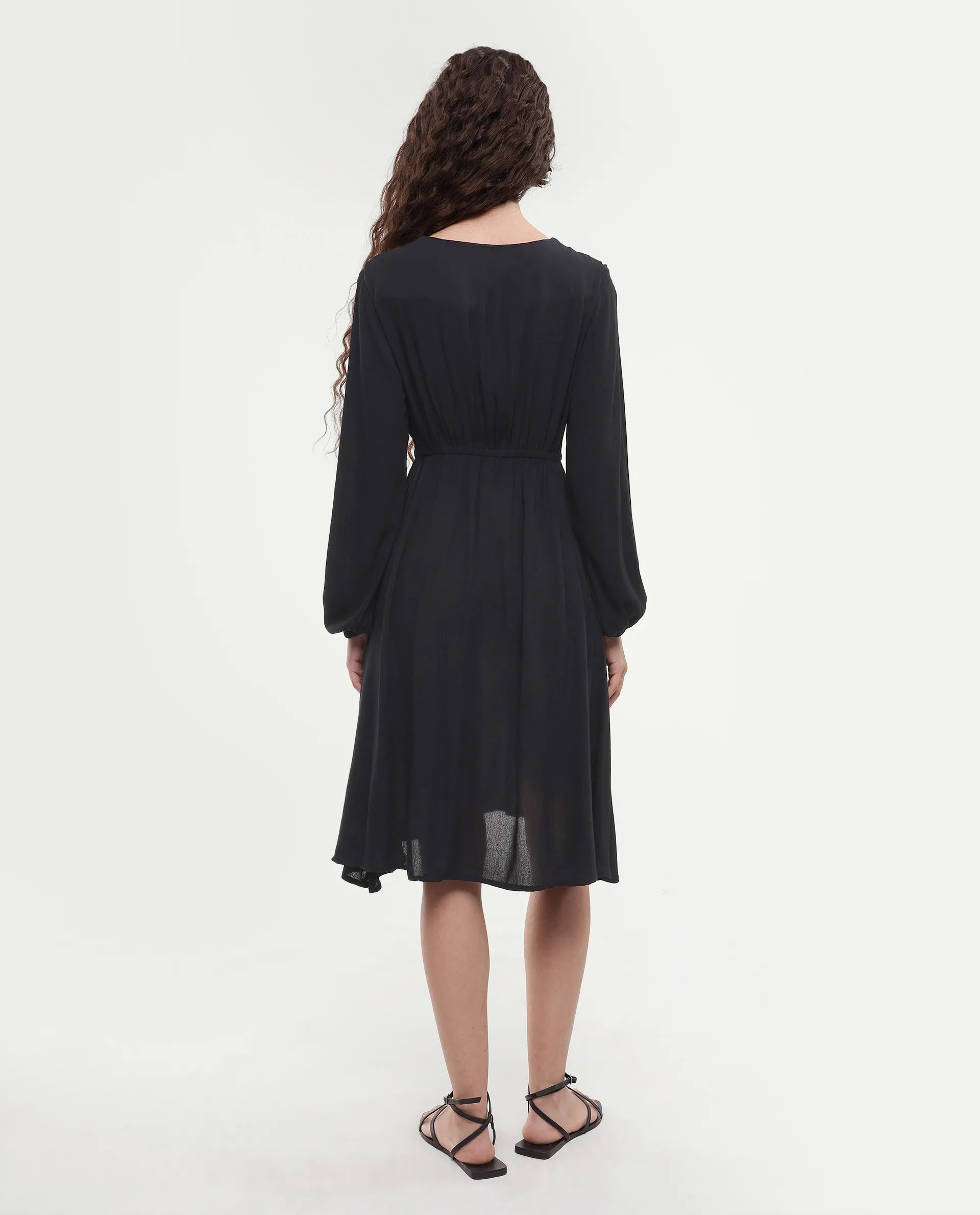 Rareism Women's Janog Black Cotton Tie-Up Neck Plain Bishop Sleeve Knee Length Fit And Flare Dress