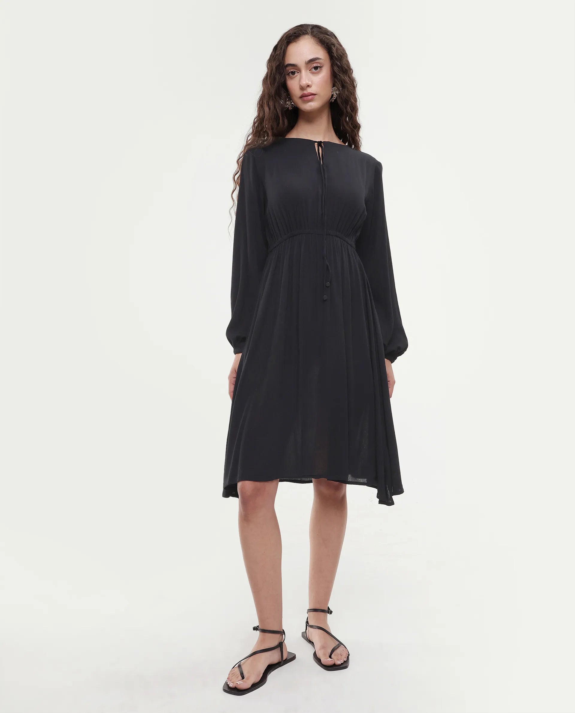 Rareism Women's Janog Black Cotton Tie-Up Neck Plain Bishop Sleeve Knee Length Fit And Flare Dress